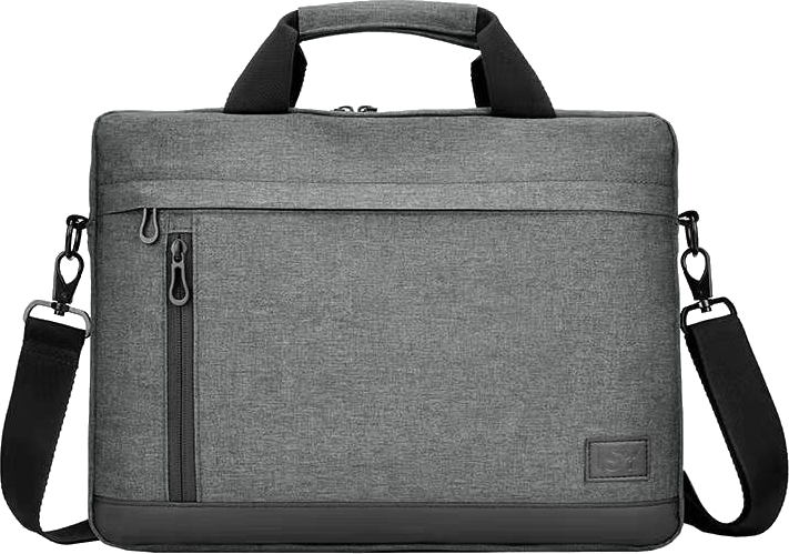 Graue Laptoptasche mit schwarzen Akzenten, Reißverschlusstasche, Griff und Riemen, weißer Hintergrund.