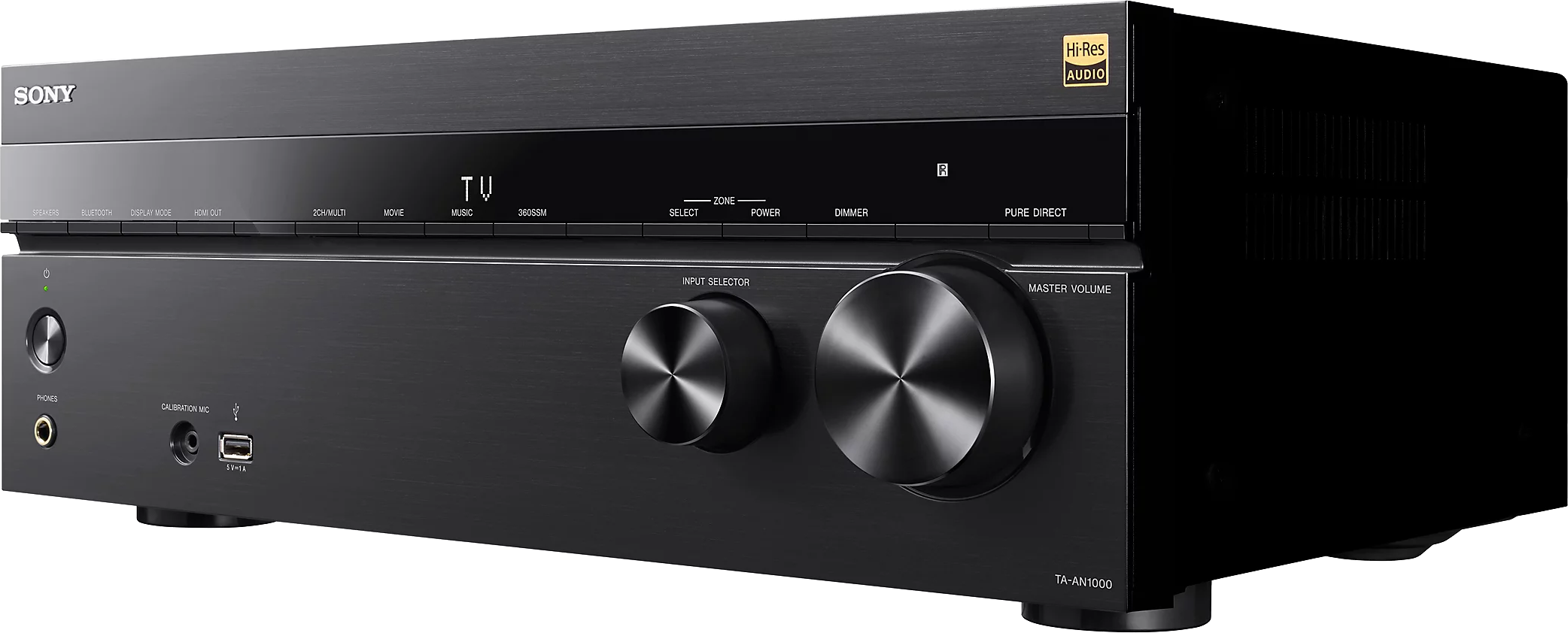 Fekete Hi-Res audio vevő gombokkal és gombokkal, USB porttal, fehér háttéren.