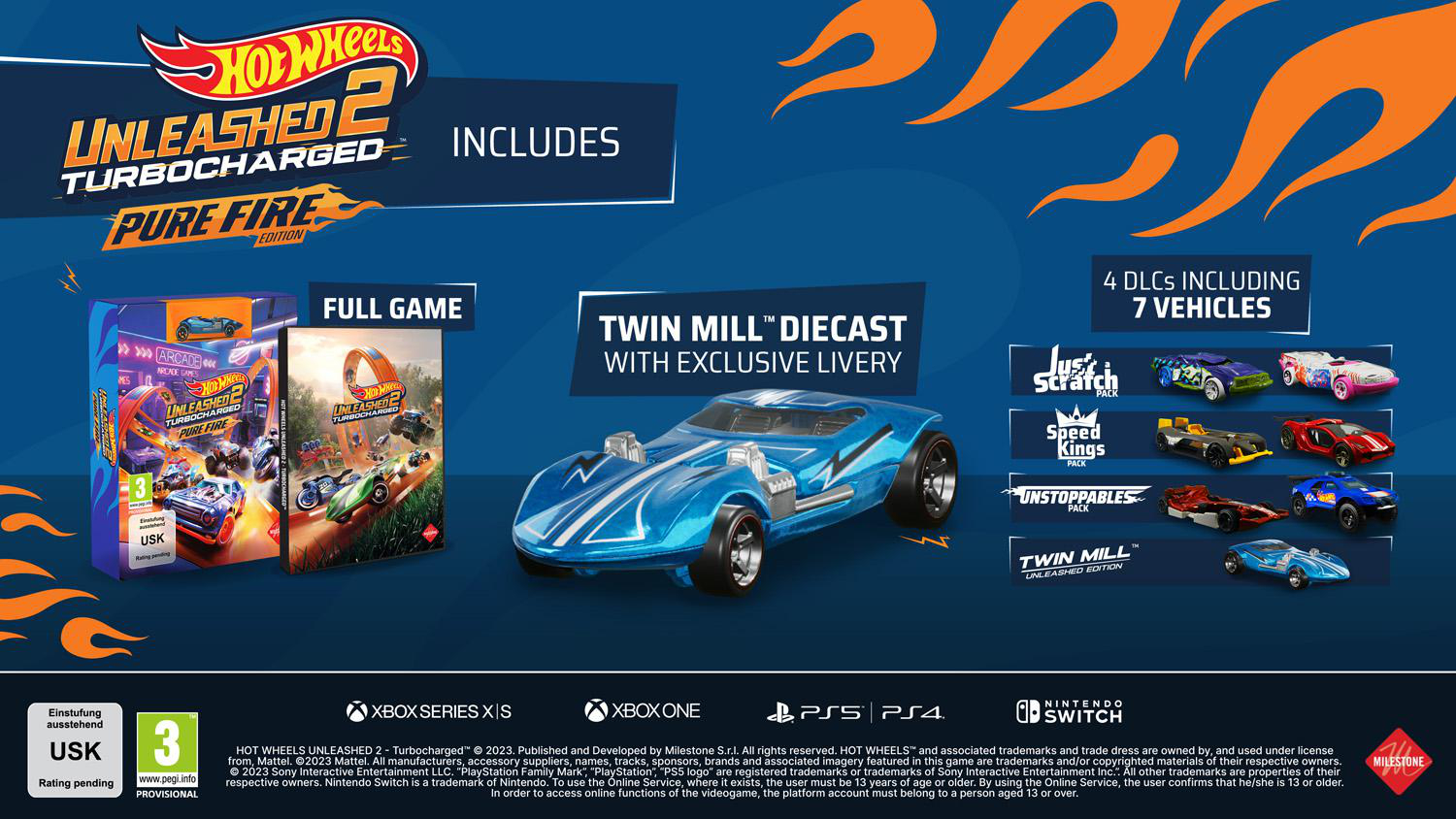 Hot Wheels Spielbox mit blauem Auto, 7 Fahrzeugen und Text. Hintergrund ist blau mit Autografiken.