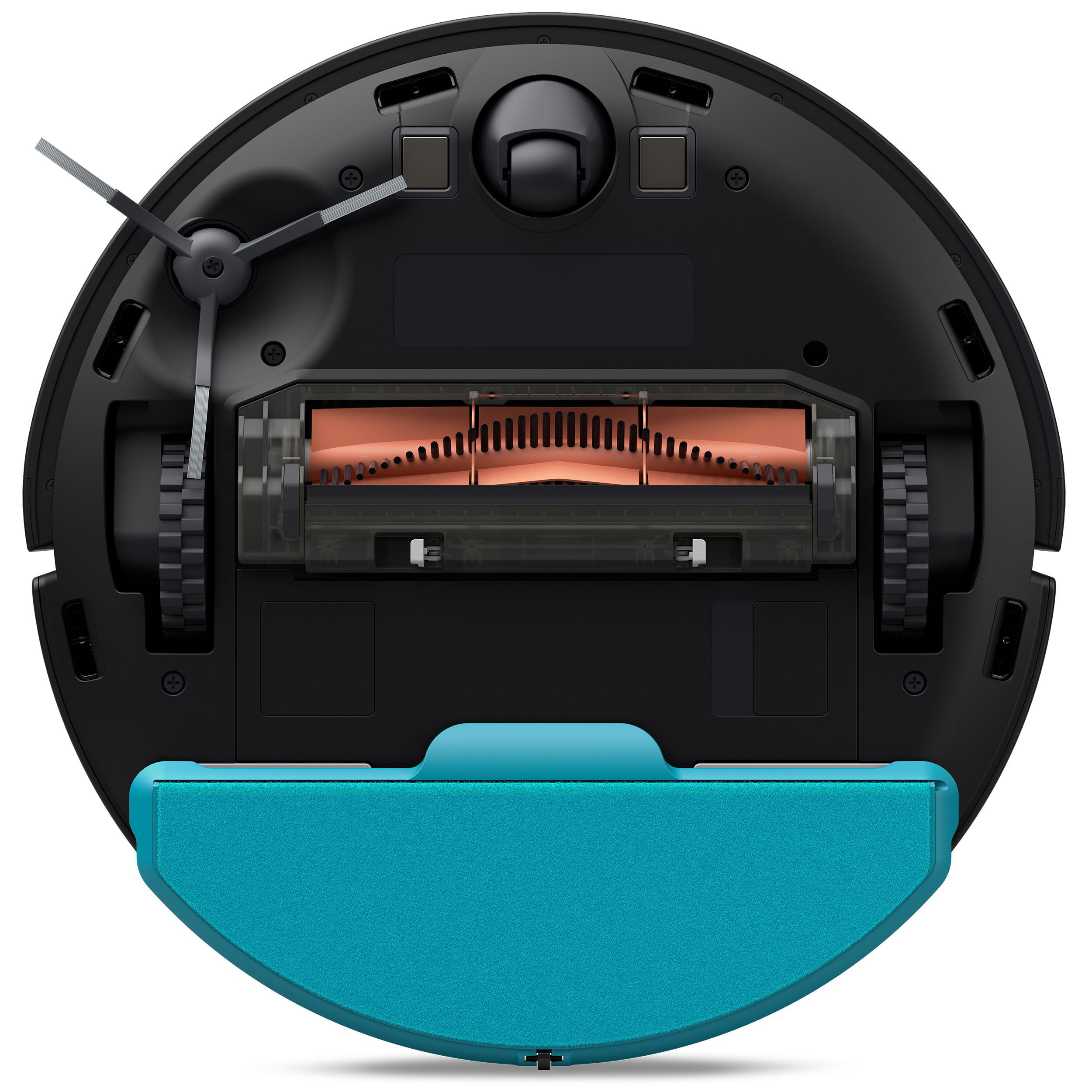 Roboter-Staubsauger. Schwarzer Oberkörper mit türkisfarbenem Staubbehälter, Bürsten und Rädern.