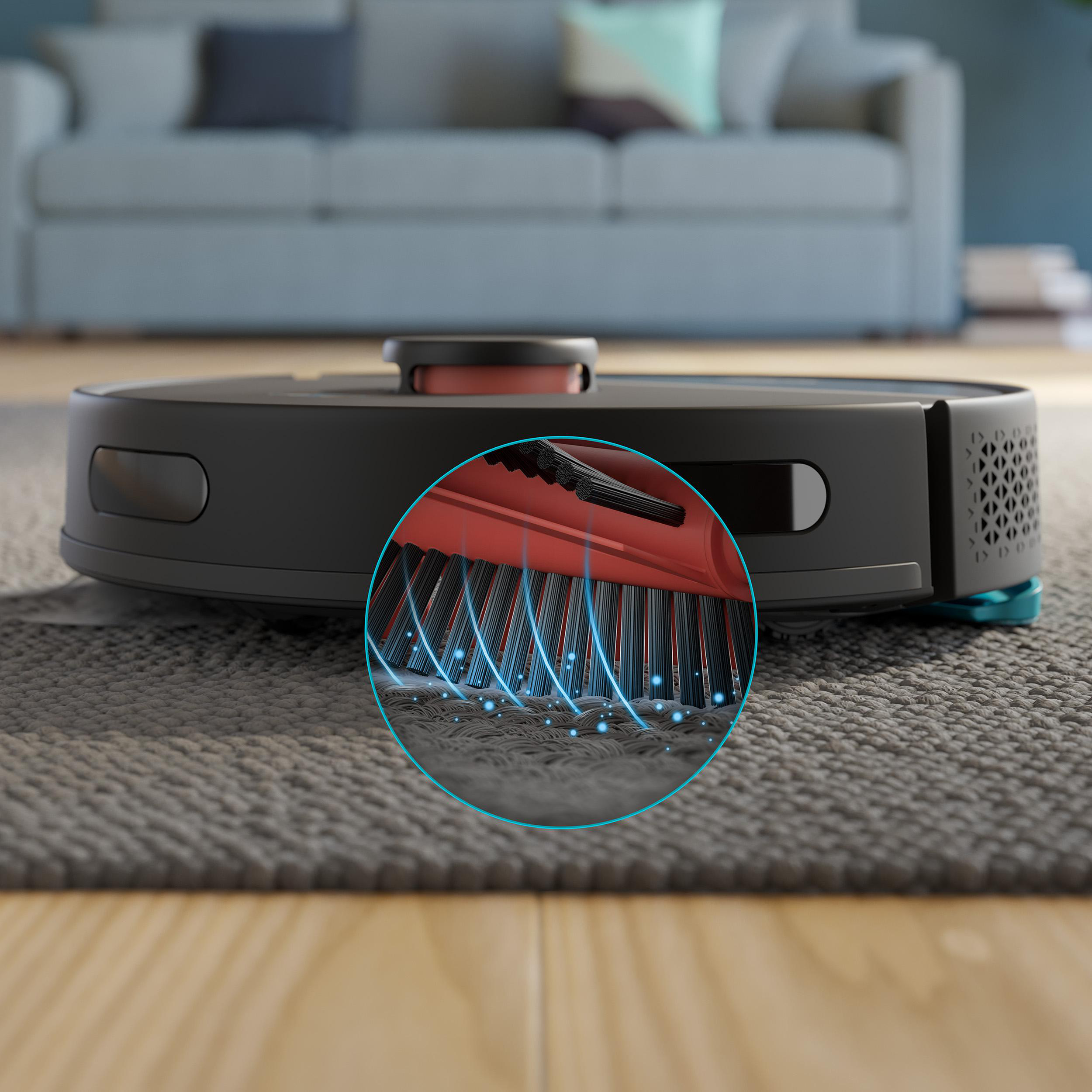 Ein Roboter-Staubsauger auf einem Teppich, mit Nahaufnahme der Bürste.