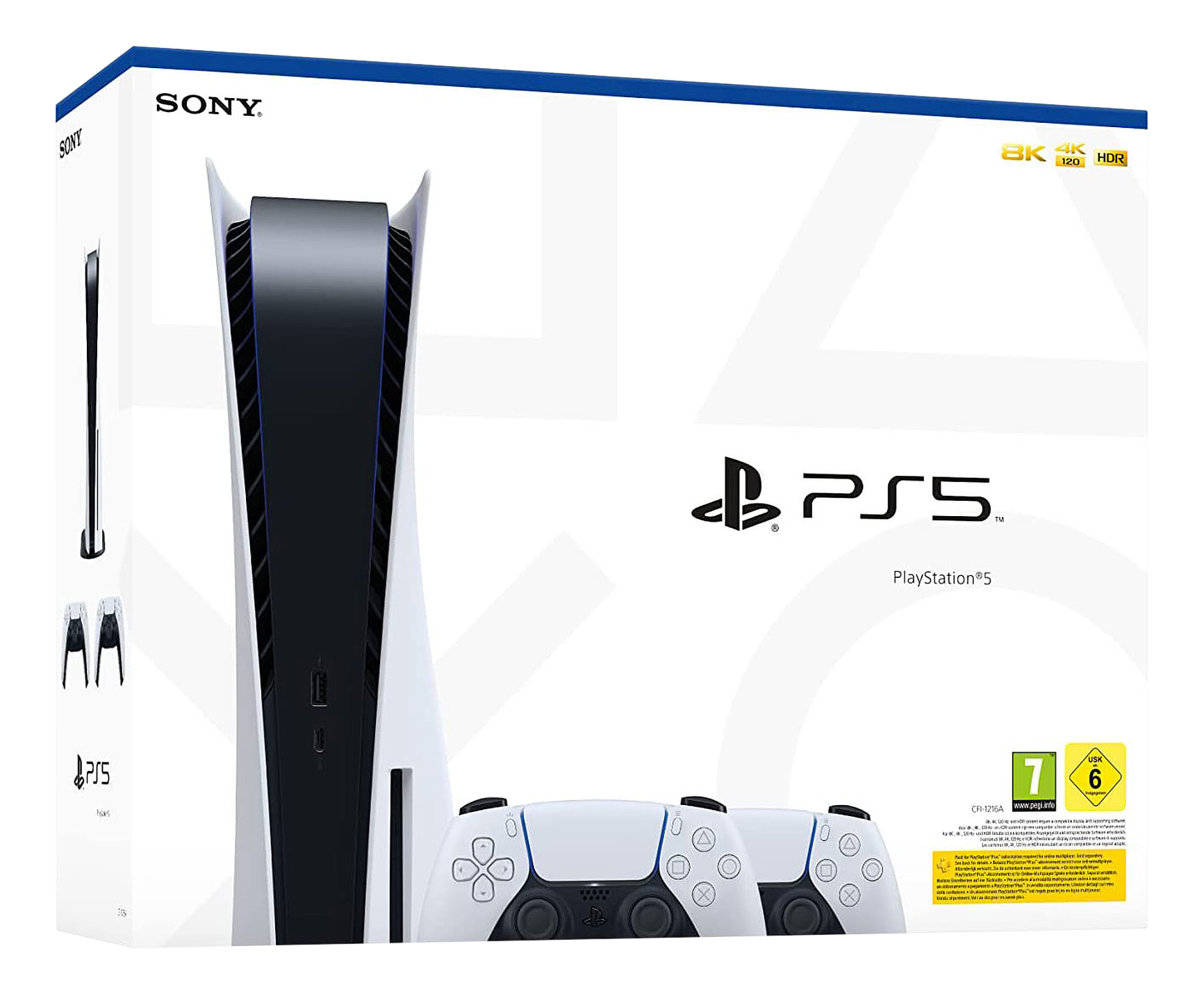PlayStation 5 Box mit Konsole, zwei Controllern und PS5-Logo.
