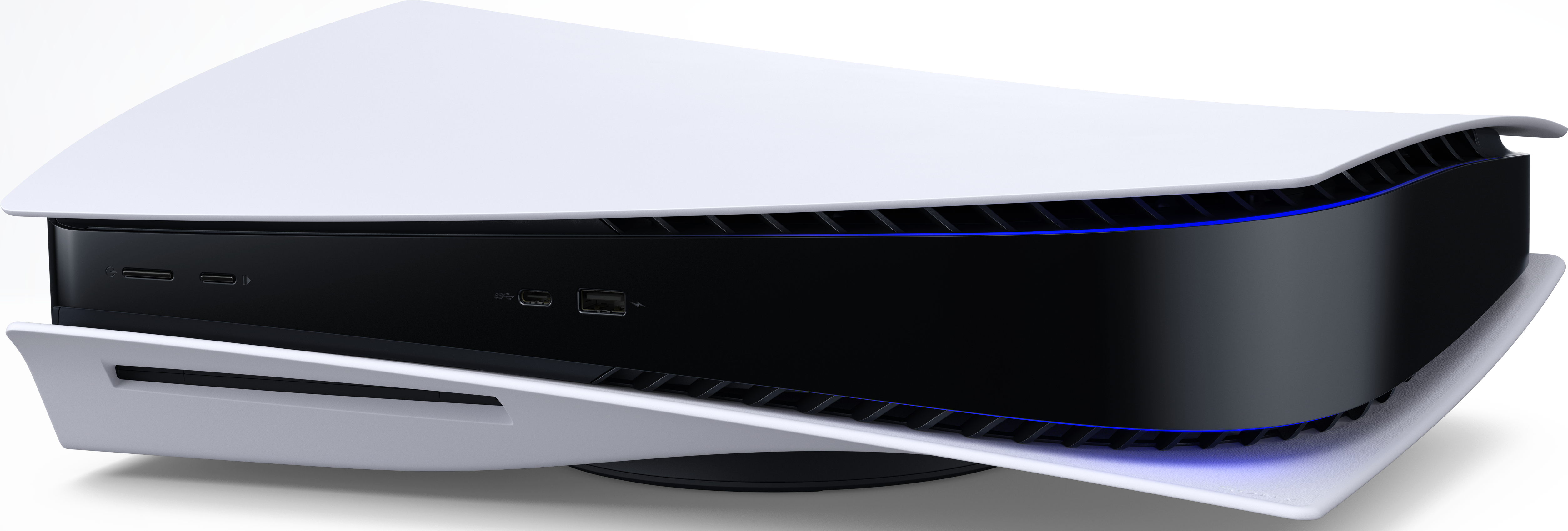 Weiße und schwarze Playstation 5 Konsole, auf weißer Oberfläche.