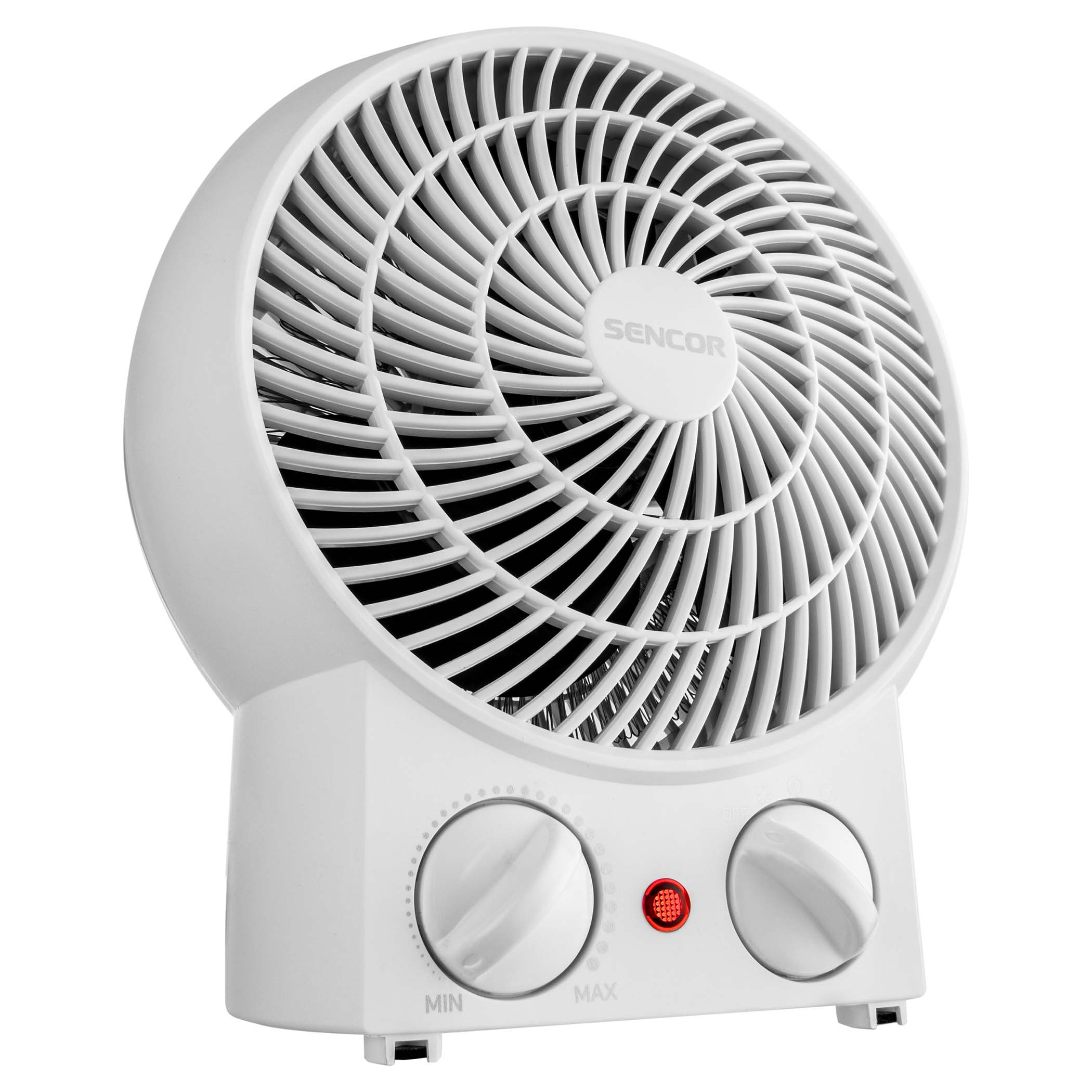Fehér elektromos ventilátor állítható beállításokkal. Két gomb látható, egy piros fénnyel.