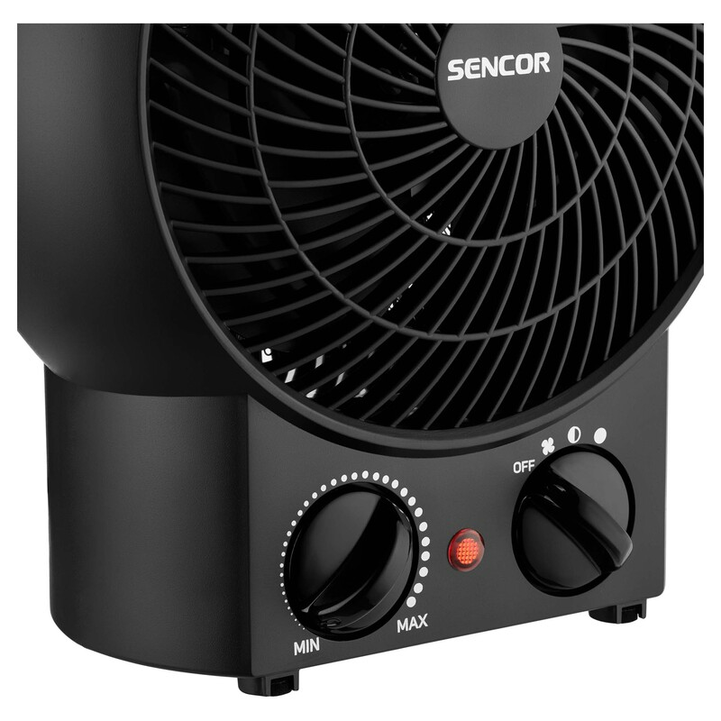Egy fekete Sencor ventilátor közeli képe, a vezérlőgombokkal és a piros jelzőfénnyel.