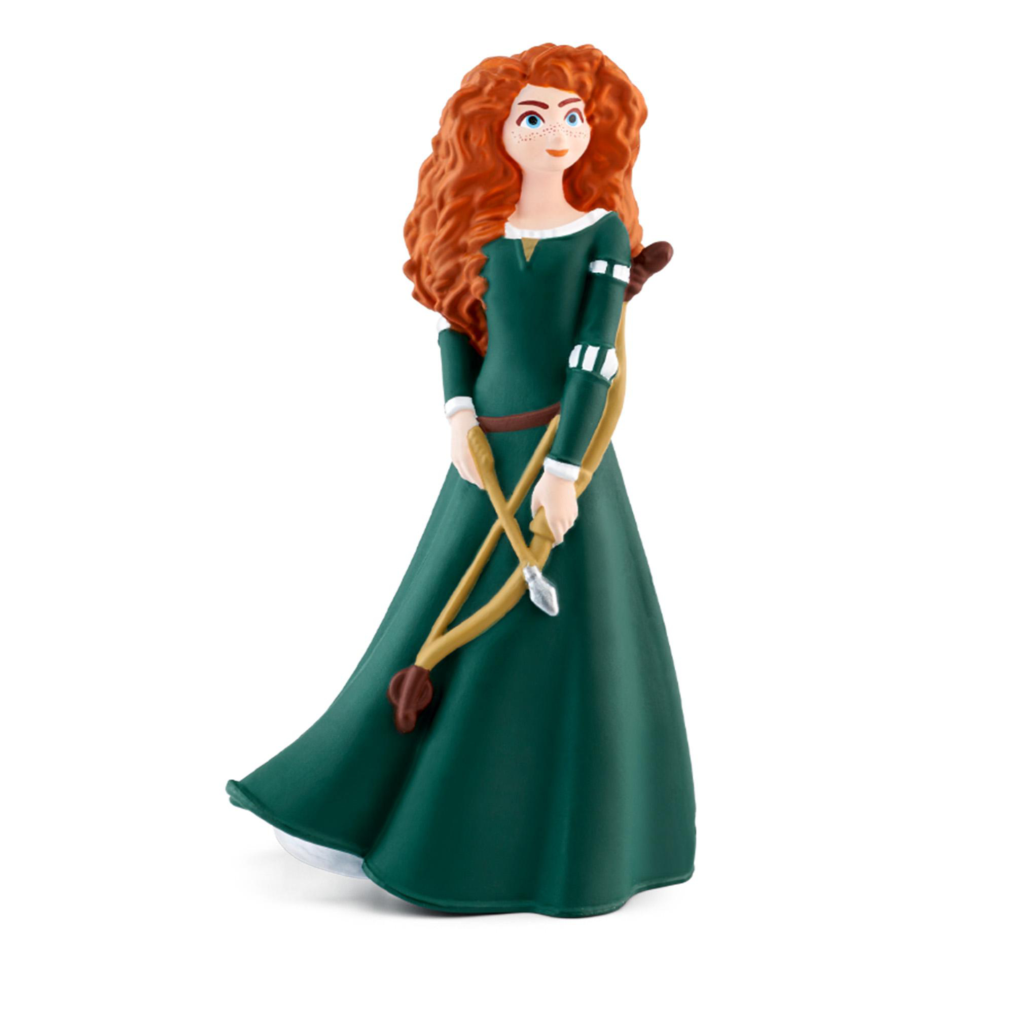 Eine Cartoon-Figur von Merida aus Brave. Sie trägt ein grünes Kleid und hält einen Bogen und Pfeil.