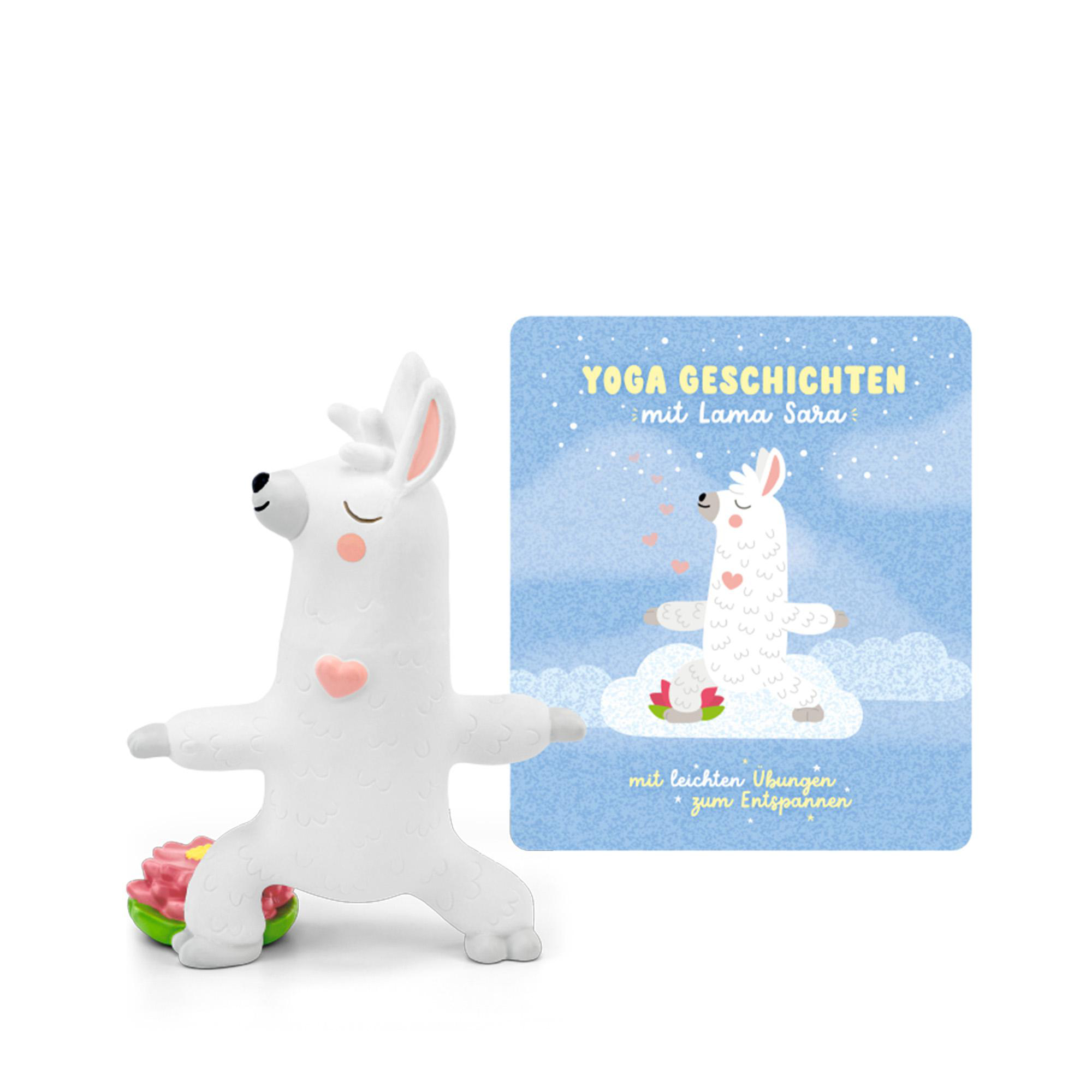 Yoga-Lama-Spielzeug in einer Yoga-Pose mit einem Buch mit einem Lama darauf.