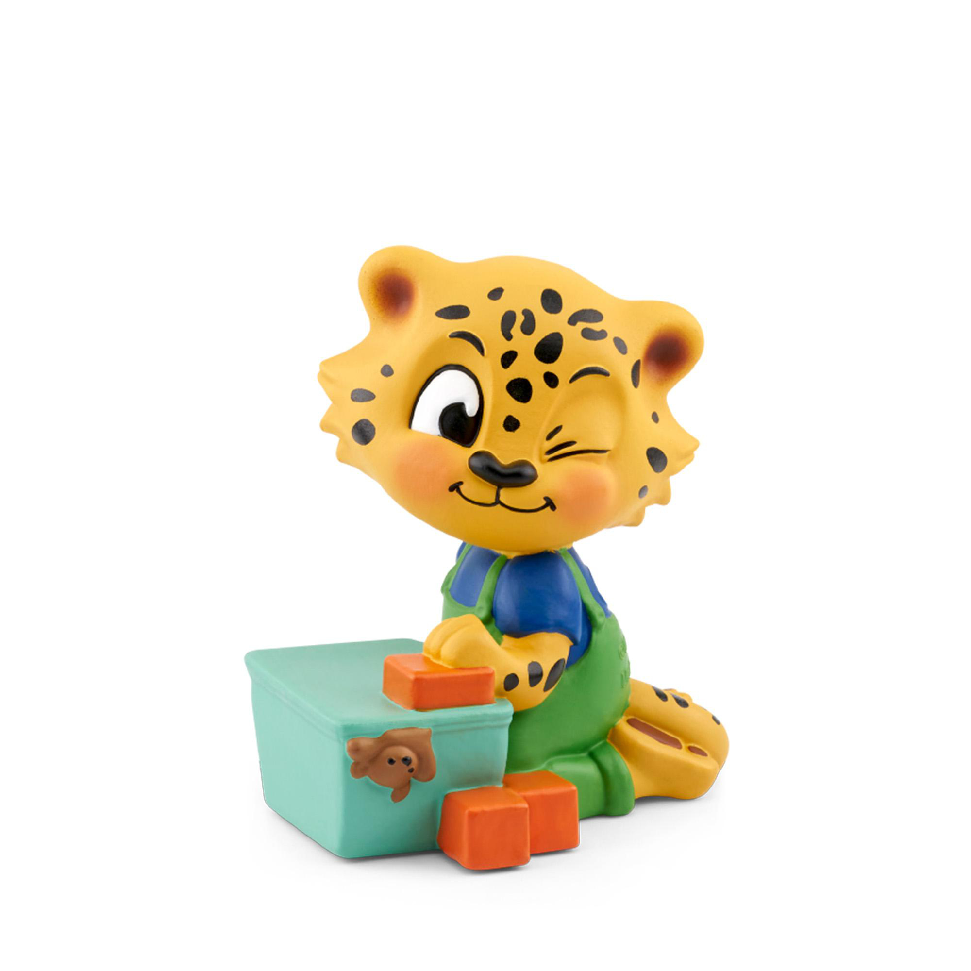 Cartoon-Leopard-Spielzeug zwinkert, mit Blöcken und einer Spielzeugkiste. Weißer Hintergrund.