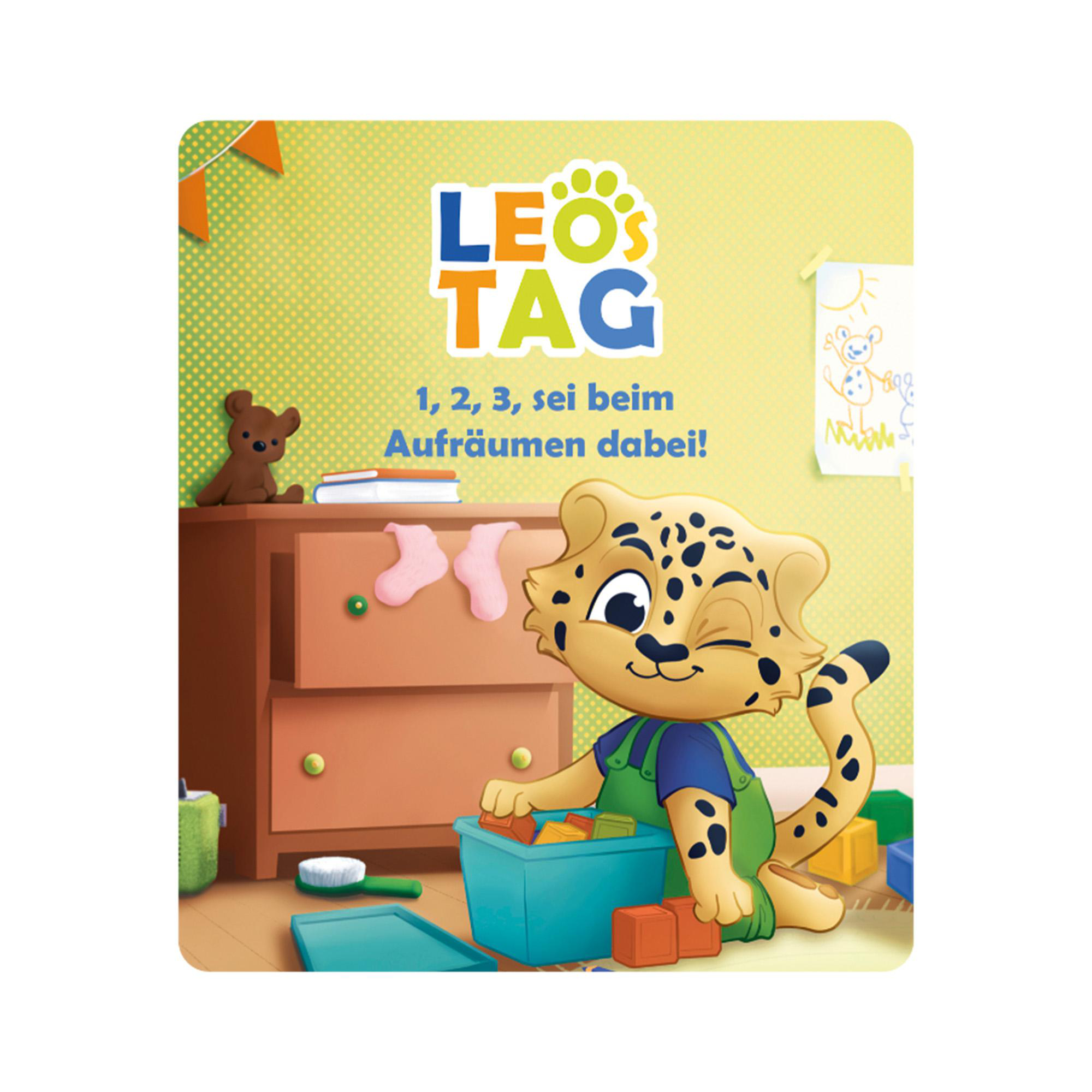 Cartoonillustration eines Leoparden, der Spielzeug in einer blauen Kiste ordnet, fröhlicher Hintergrund.