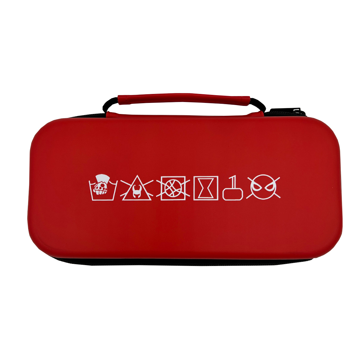 Estuche rojo con iconos blancos de instrucciones de cuidado de ropa.