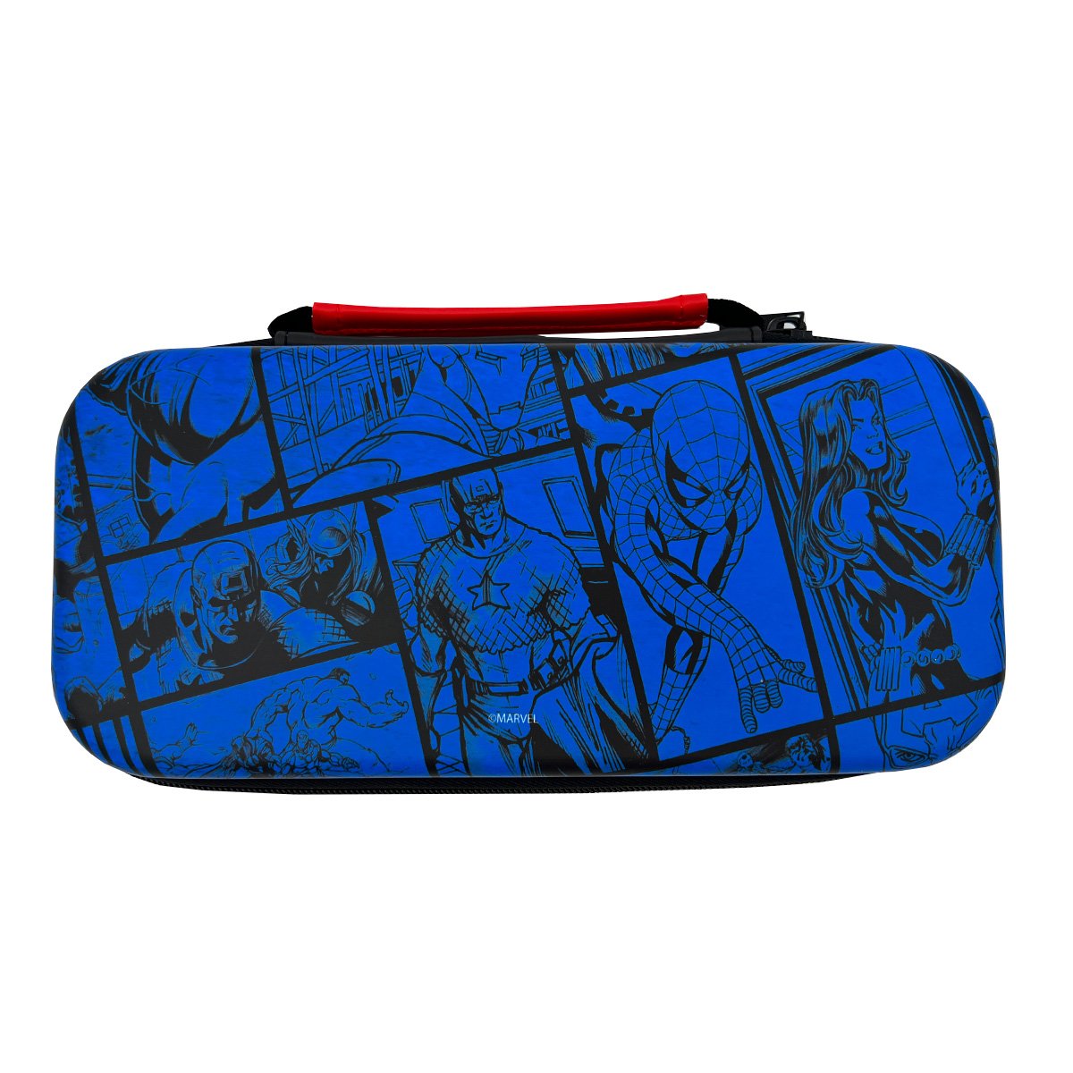 Una funda azul para Nintendo Switch con paneles de cómic con personajes de Marvel.