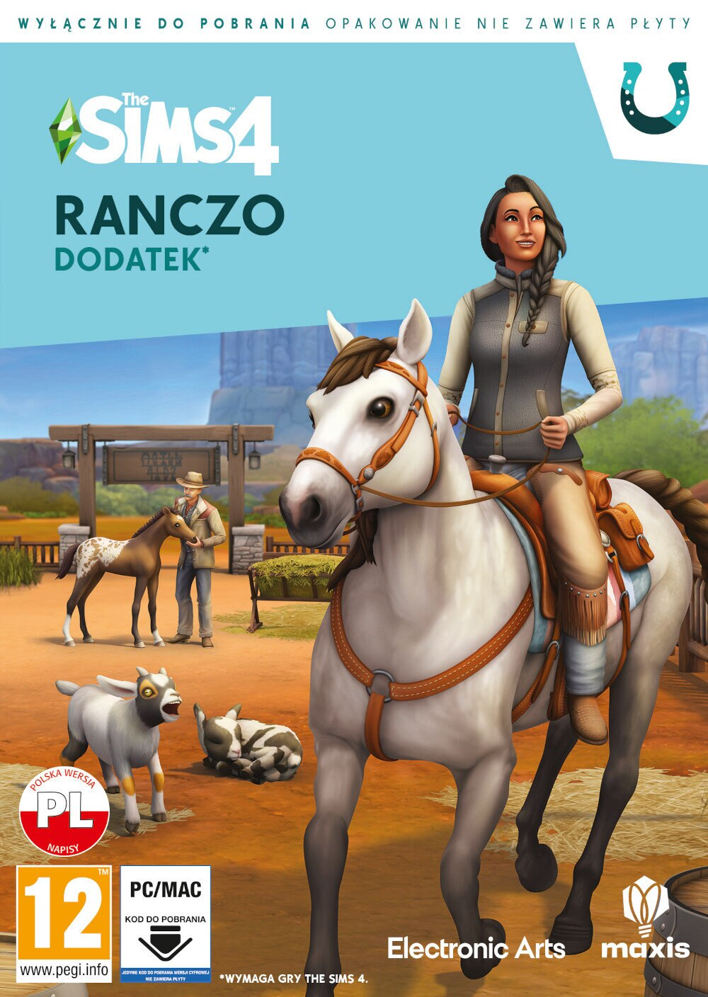 Pudełko z grą z kobietą na koniu. Inne konie, kozy i mężczyzna w tle. Tytuł to Sims 4.