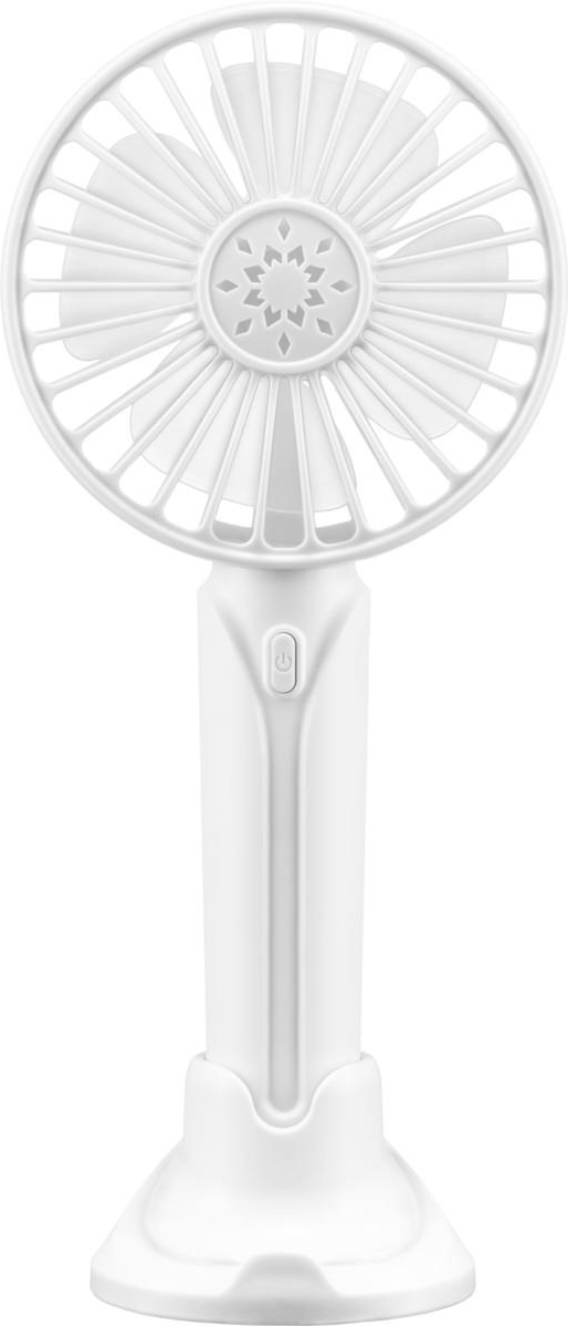 Ein weißer tragbarer Ventilator mit Griff und Ein-/Aus-Taste, vor weißem Hintergrund.