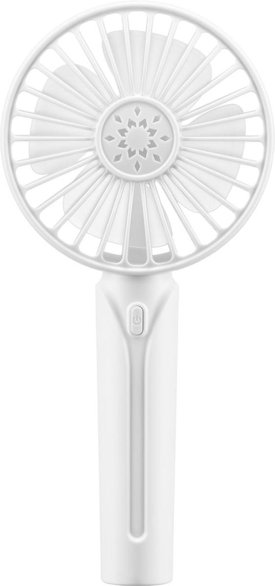 Weißer Handventilator, mit sichtbar ein-/ausschalter.