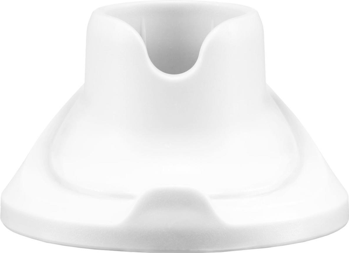 Ein weißer Kunststoffsockel, möglicherweise für ein Gerät, mit einer zentralen Öffnung und ausgestelltem Design.
