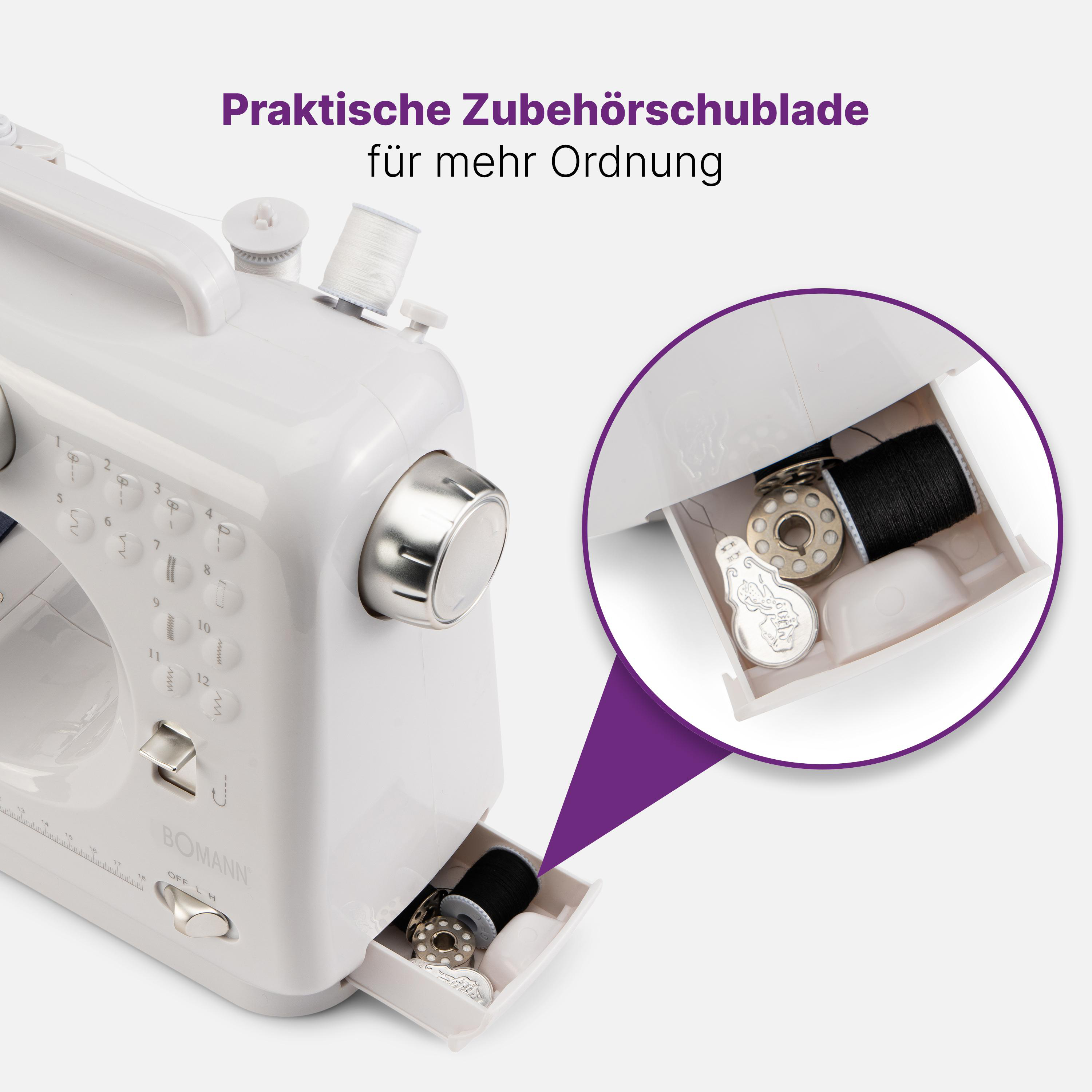 Weiße Nähmaschine mit offener Schublade. Text: 'Praktische Zubehörschublade'.