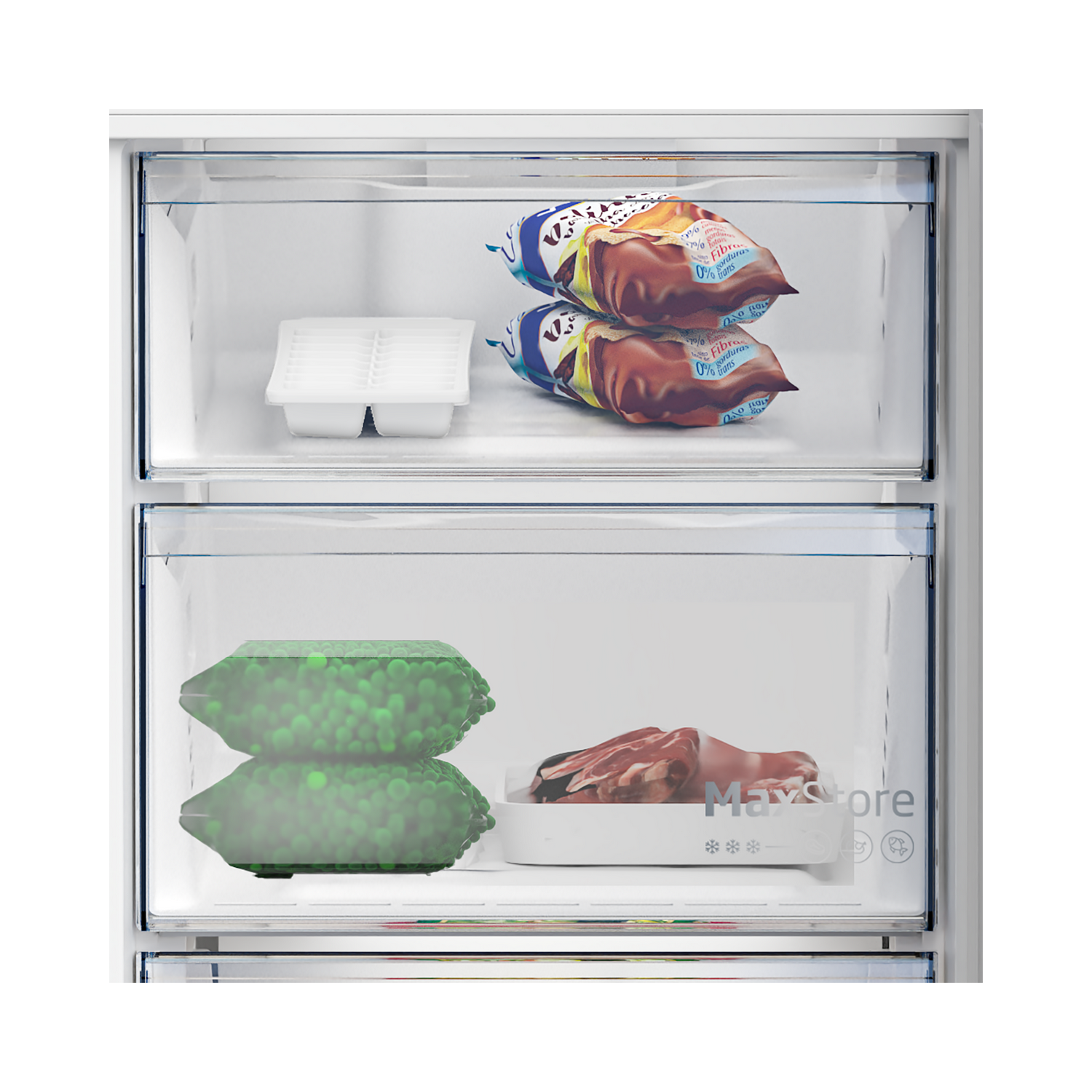 Freezer with two ice cream packs, ice cubes, and meat.