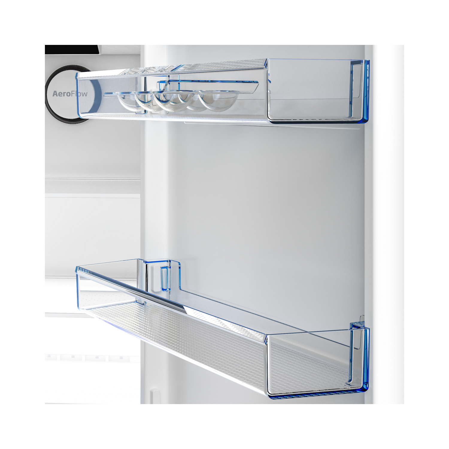 Refrigerator interior showing clear shelves with items, blue trim.