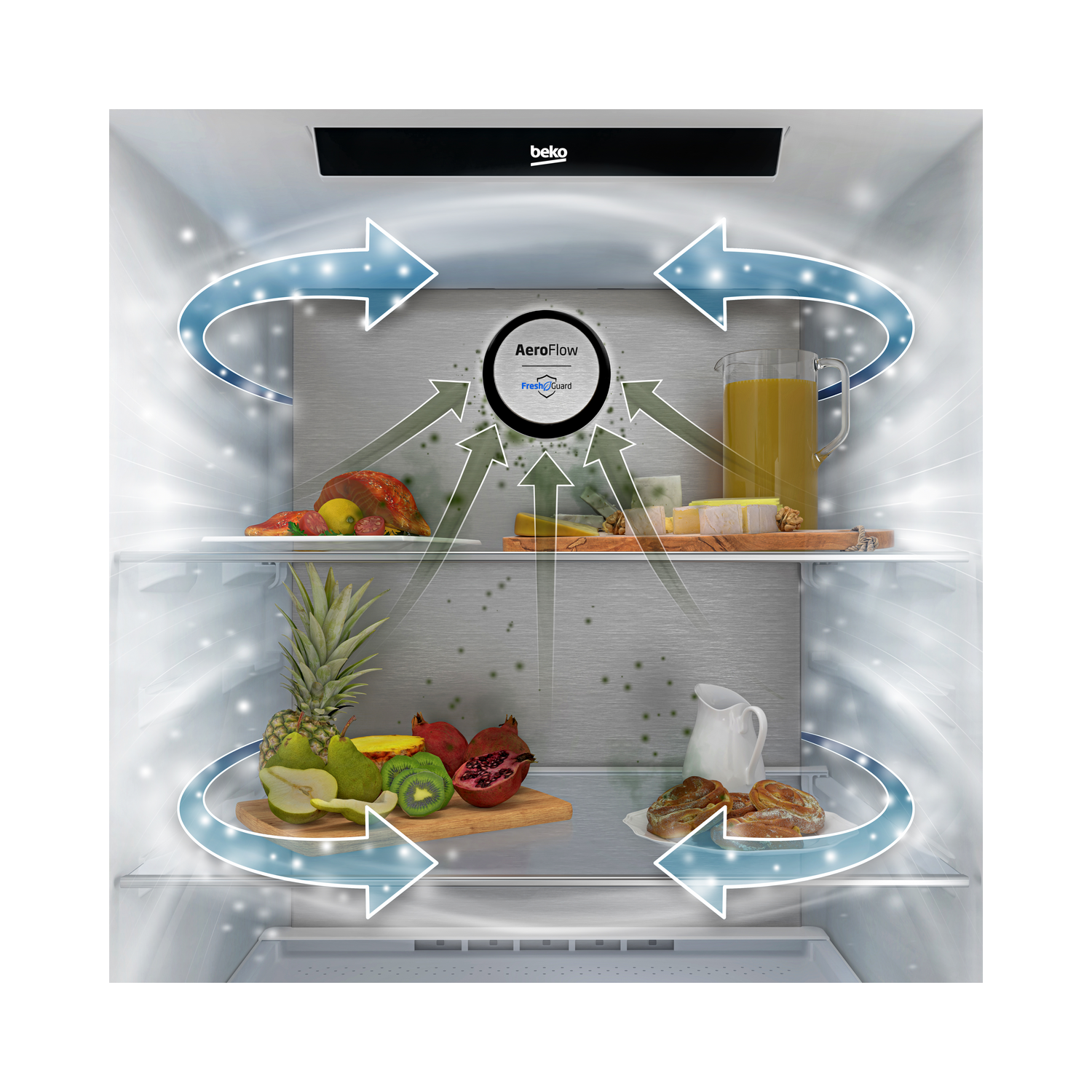 Inside a fridge, shelves hold food. Arrows show air circulation.