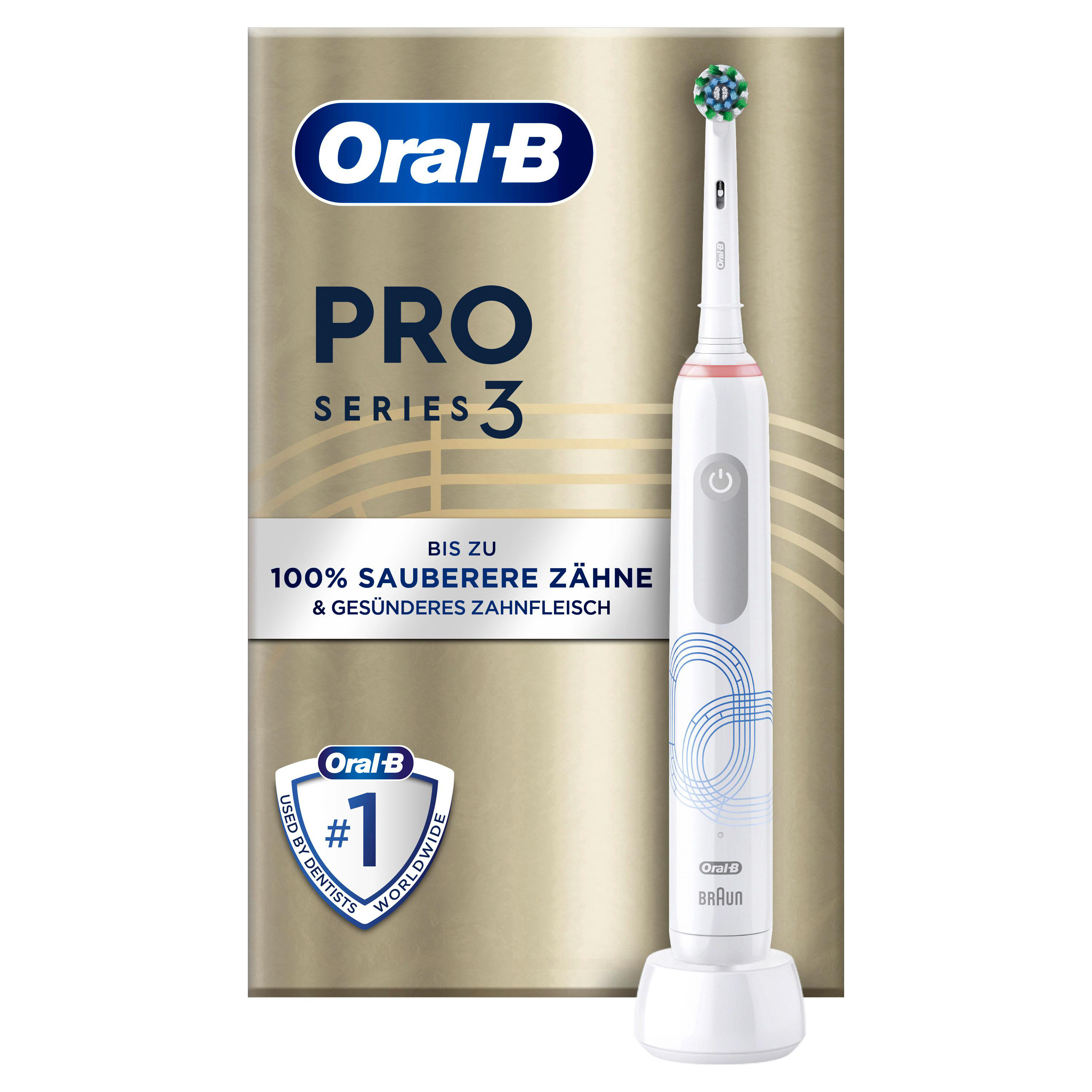 Weiße elektrische Zahnbürste mit dem Oral-B Pro Series 3 Logo auf goldenem Hintergrund.