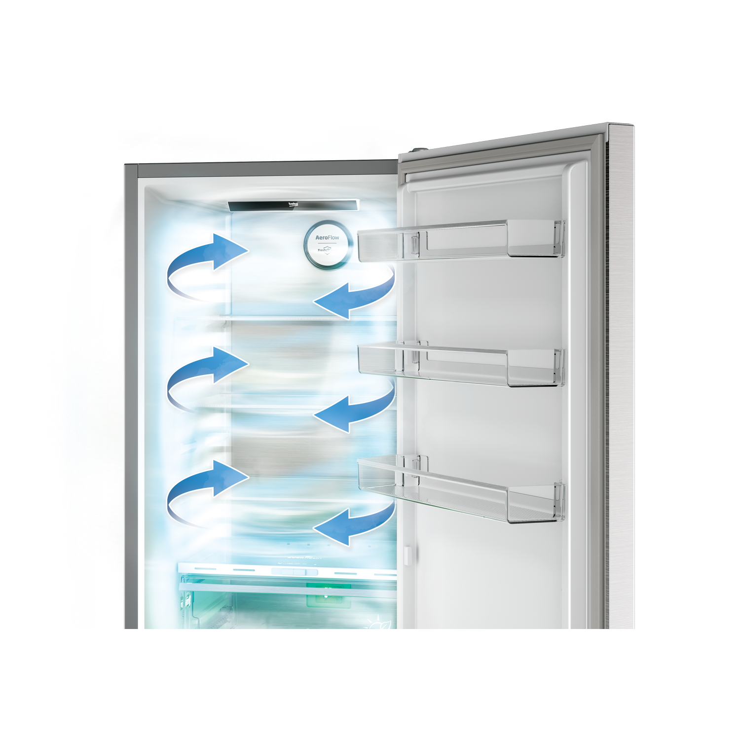 Inside view of a refrigerator. Shelves and a light source are visible, with blue arrows indicating air flow.