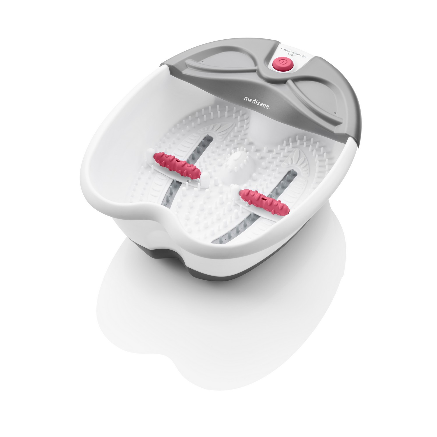 Bain de pieds blanc et gris avec rouleaux de massage rouges. Vue de dessus, ombre sur fond blanc.