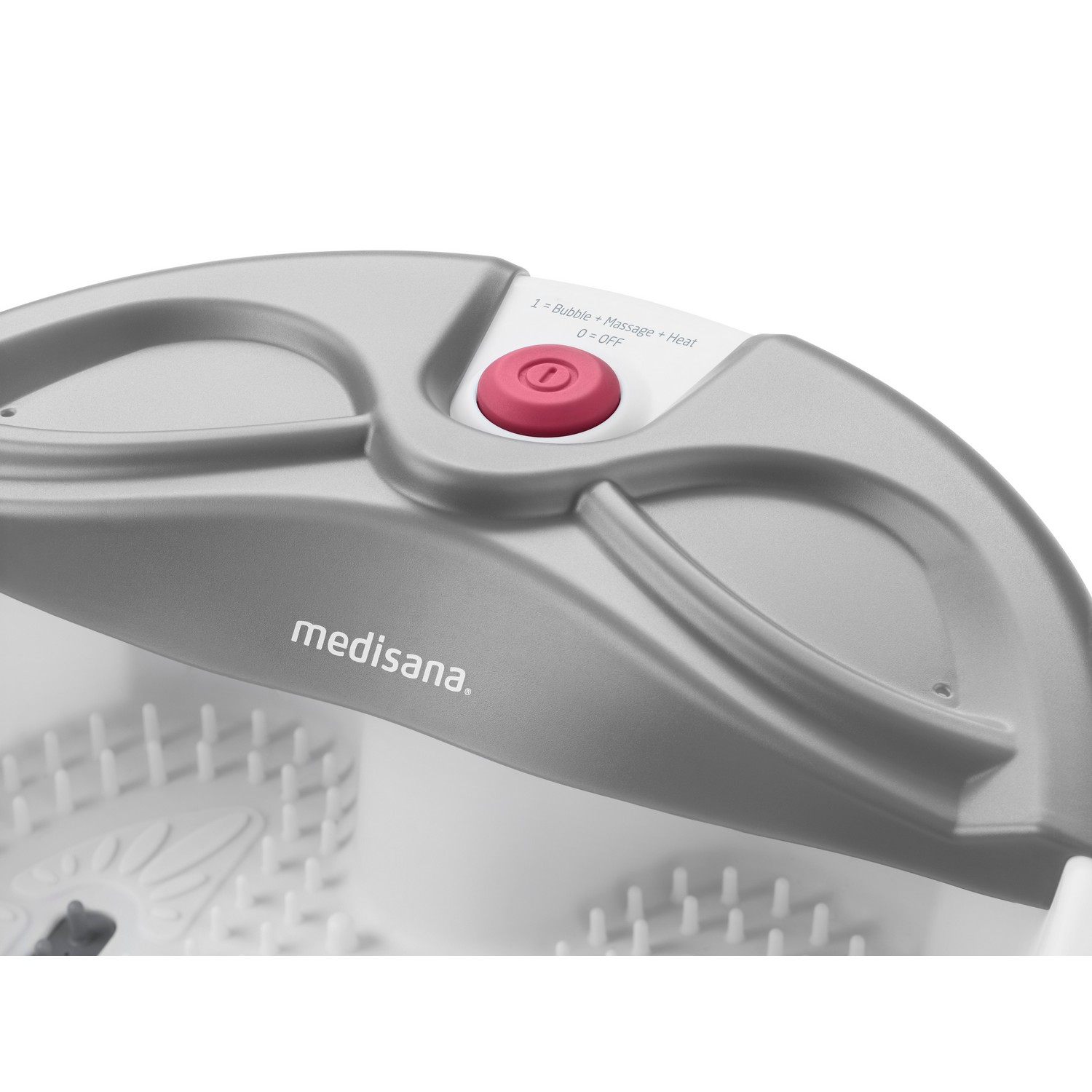 Un bain de pieds gris avec un bouton rouge et le mot "medisana" dessus.