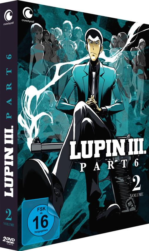 DVD-Box-Art für Lupin III Part 6 Volume 2. Enthält Lupin, verschiedene Charaktere und Text.