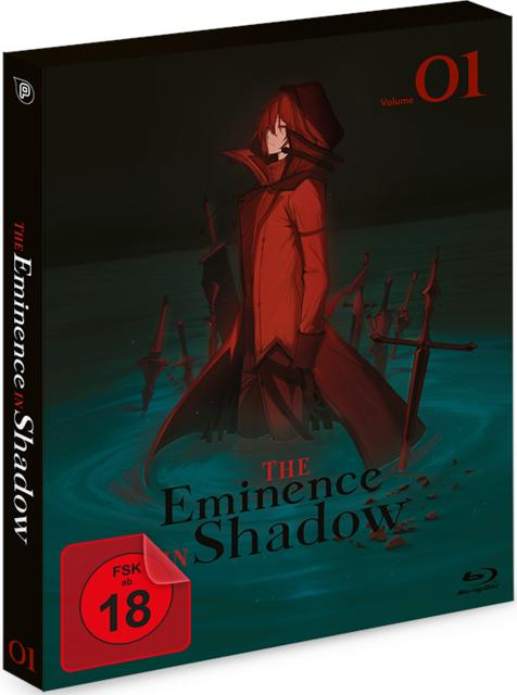 Blu-ray-Box. Anime-Artwork mit Figur in rotem Mantel. Titel 'The Eminence in Shadow'.