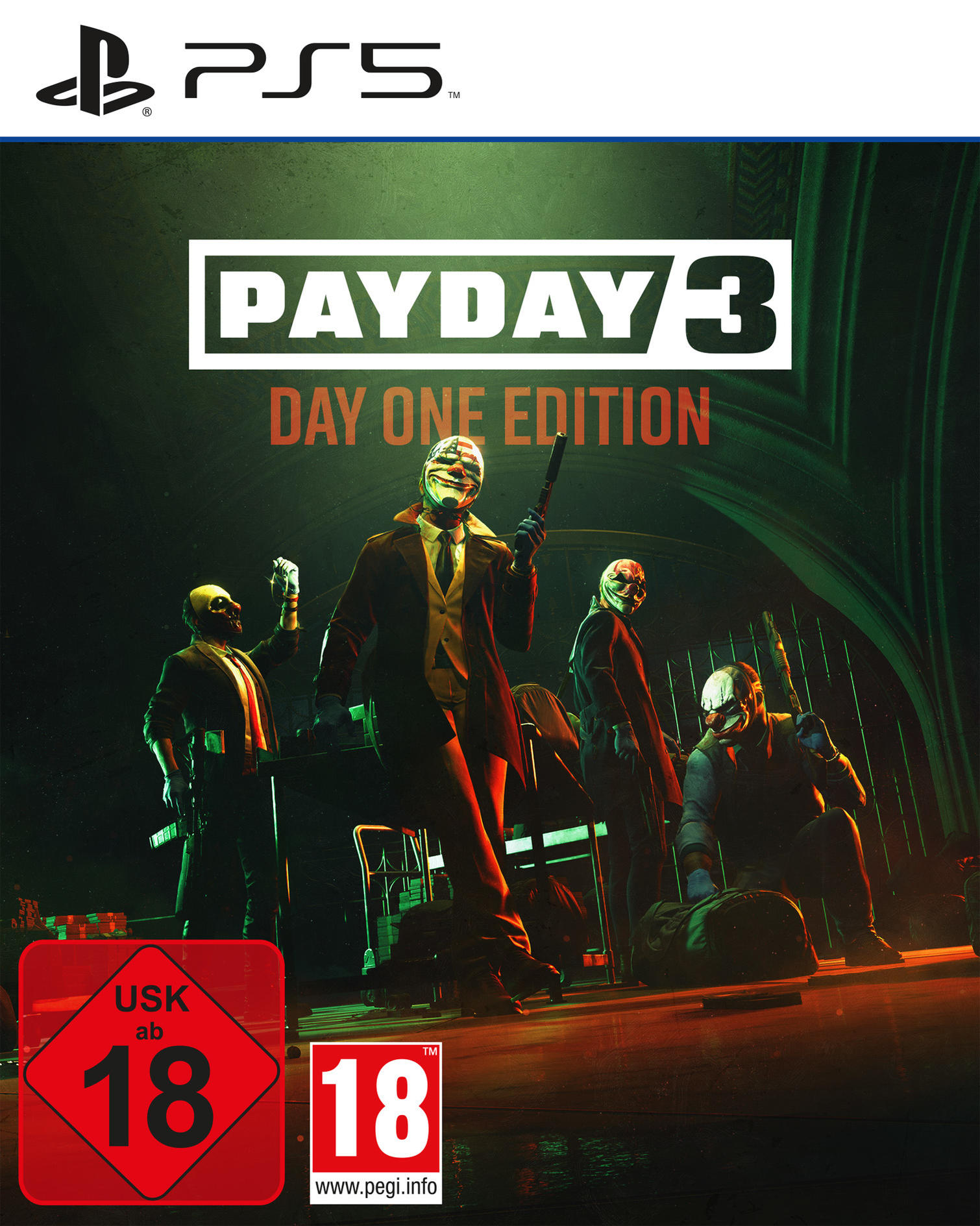 Payday 3-Spielcover. Vier maskierte Figuren in dunkler, urbaner Umgebung mit Waffen.