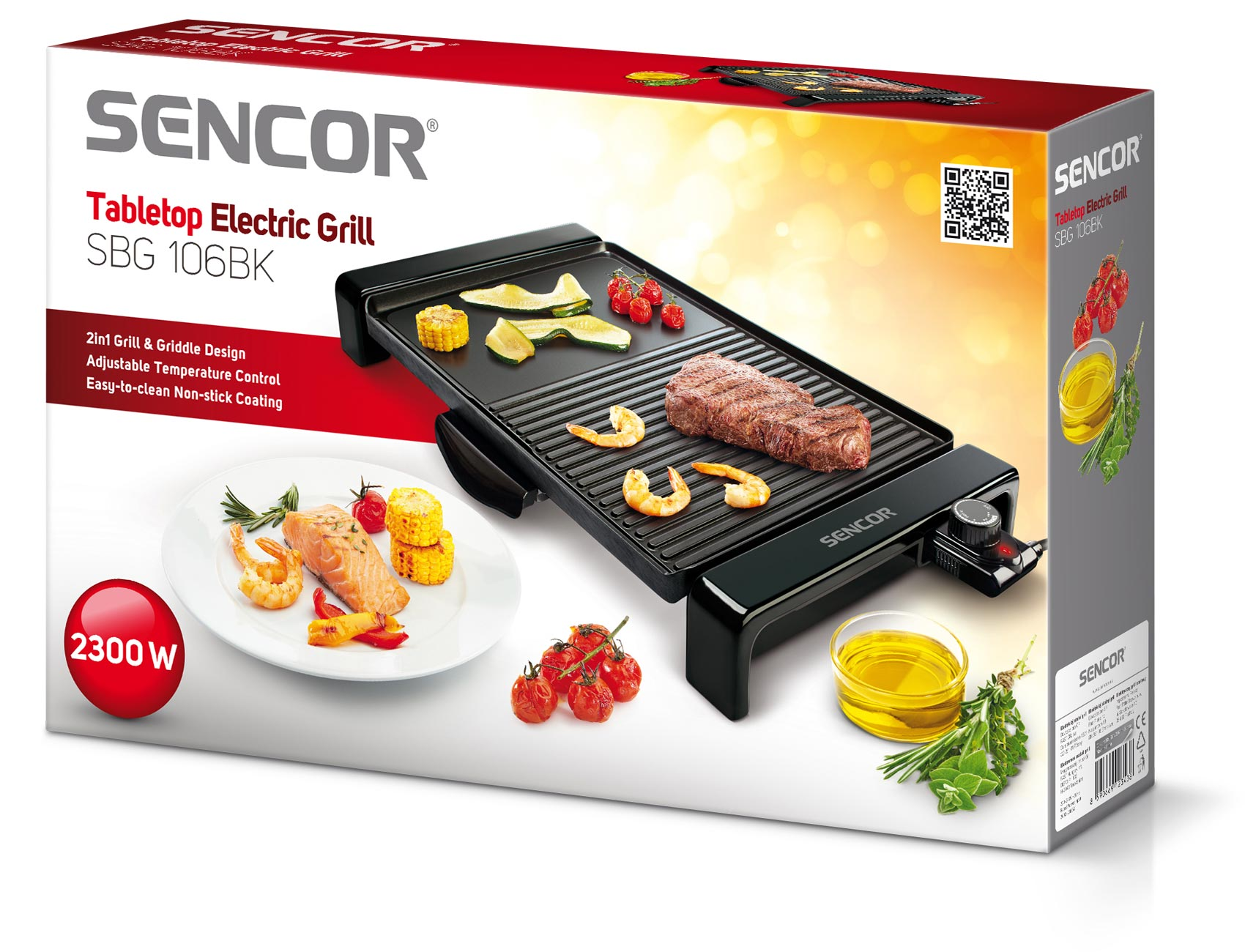 Egy asztali elektromos grill étellel. Steak, zöldségek és garnélarák a grillen.