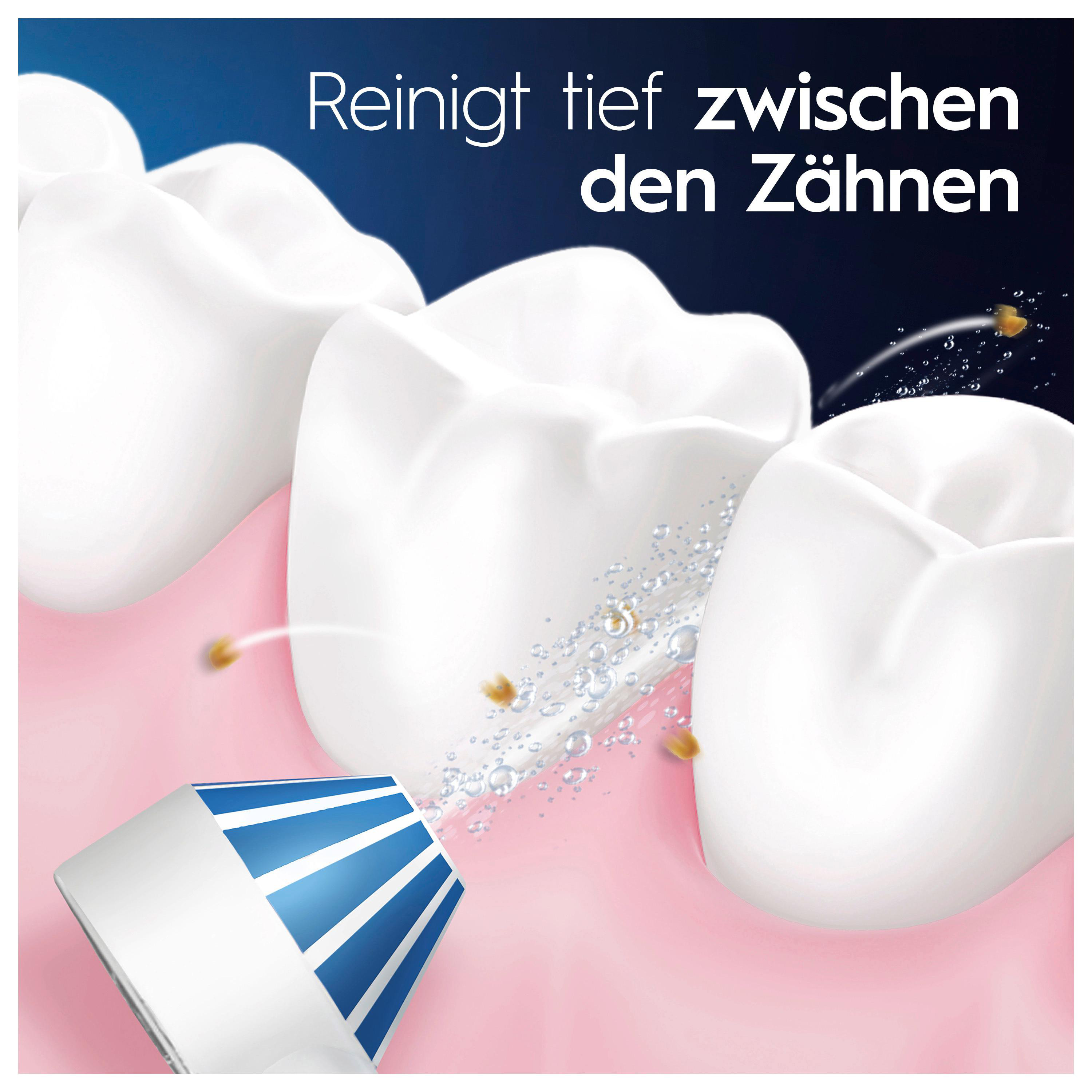 Nahaufnahme von Zähnen, die mit einer Zahnbürste gereinigt werden. Text: Reinigt tief zwischen den Zähnen.