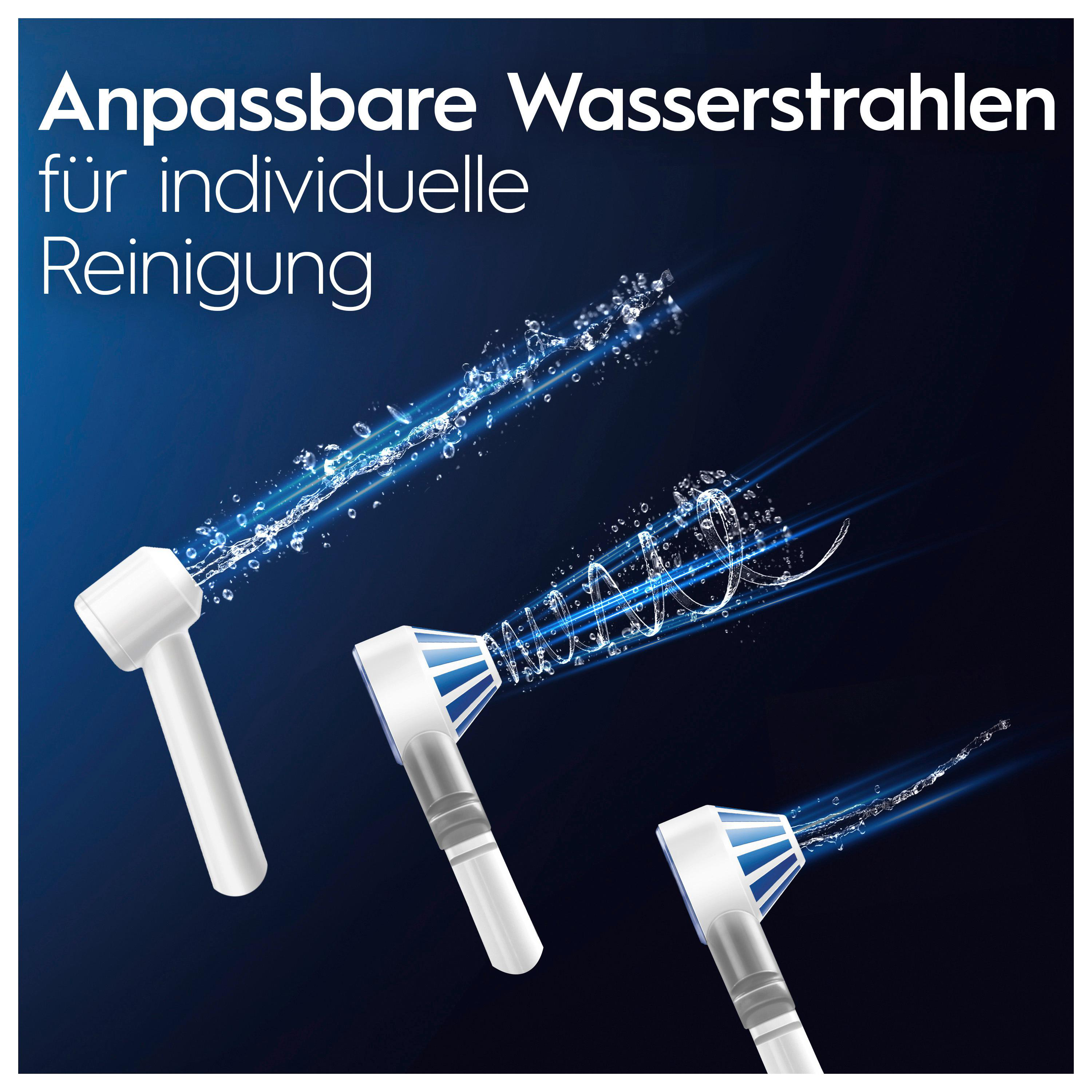 Drei weiße Mundduschenspitzen, die Wasser sprühen, mit Text auf Deutsch.