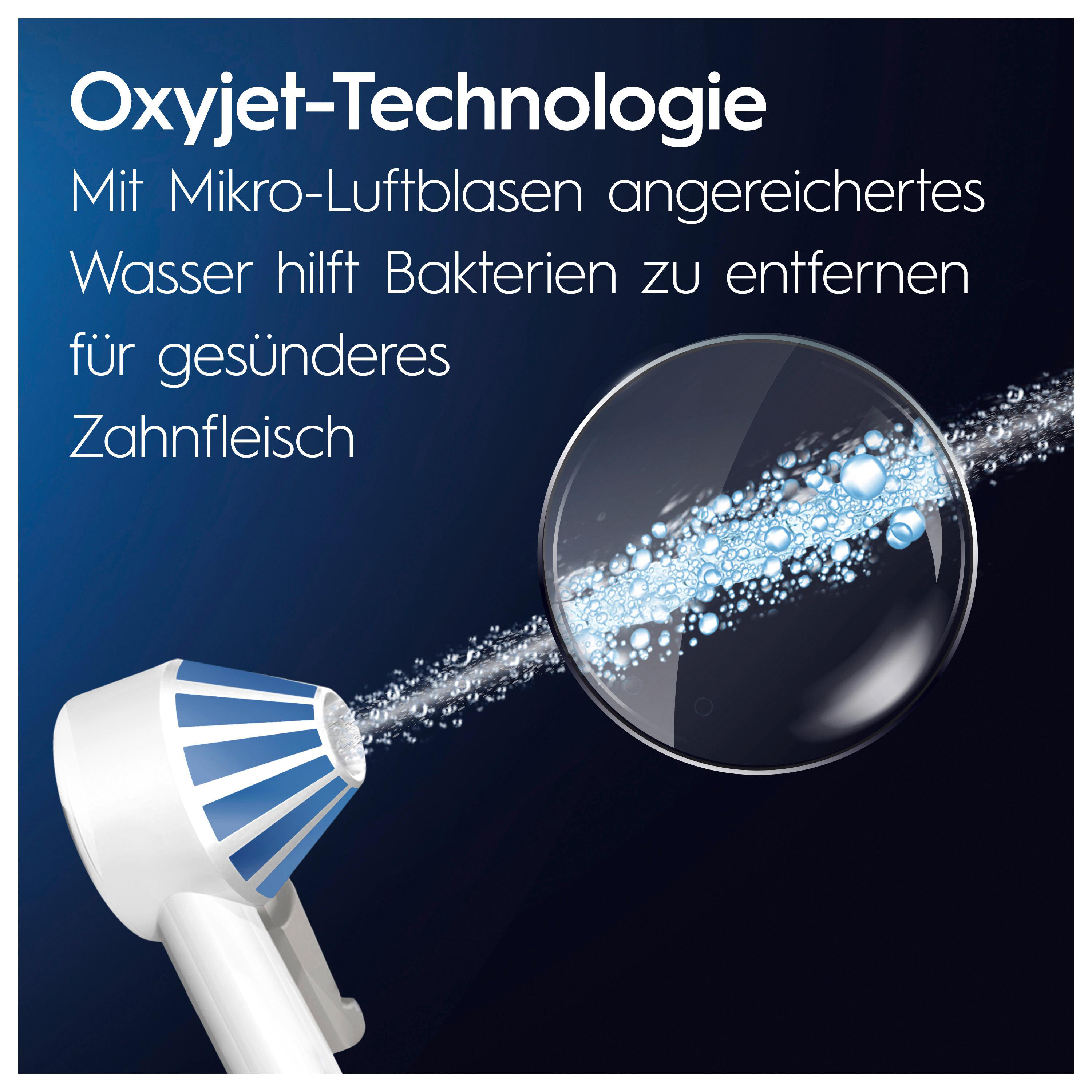 Nahaufnahme eines weißen Mundhygienegeräts, das Wasser sprüht. Blaue Blasen vorhanden.