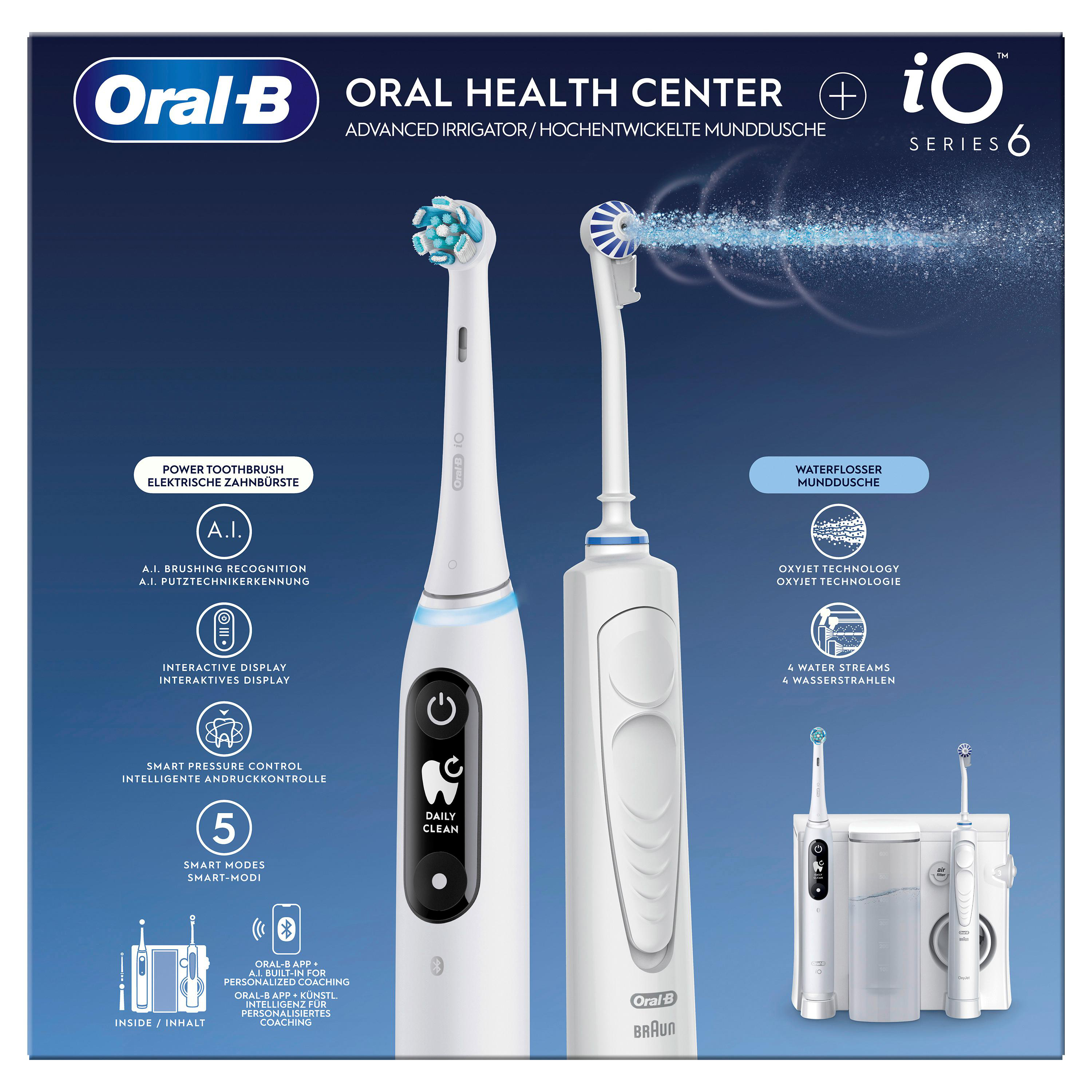 Eine weiße elektrische Zahnbürste und ein Wasserstrahl von Oral-B. Die Zahnbürste hat zwei Bürstenköpfe.
