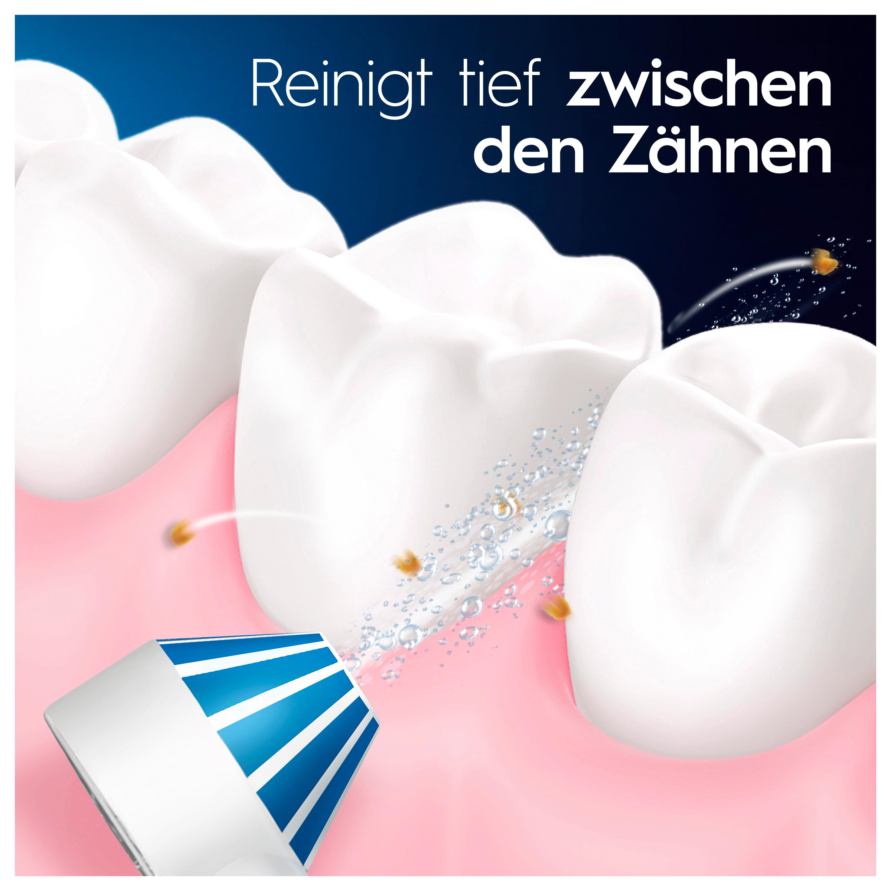Illustration von Zähnen und einer Zahnbürste, die Schmutzpartikel vertreibt.