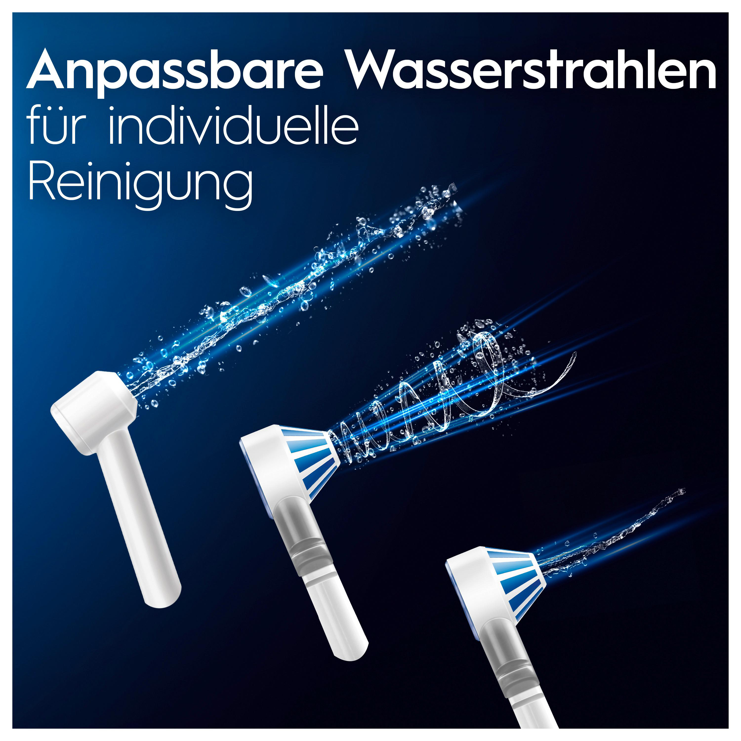 Drei weiße Oral-B-Zahnbürstenköpfe mit Wasserstrahlen, blauer Hintergrund, Zahnhygiene-Konzept.