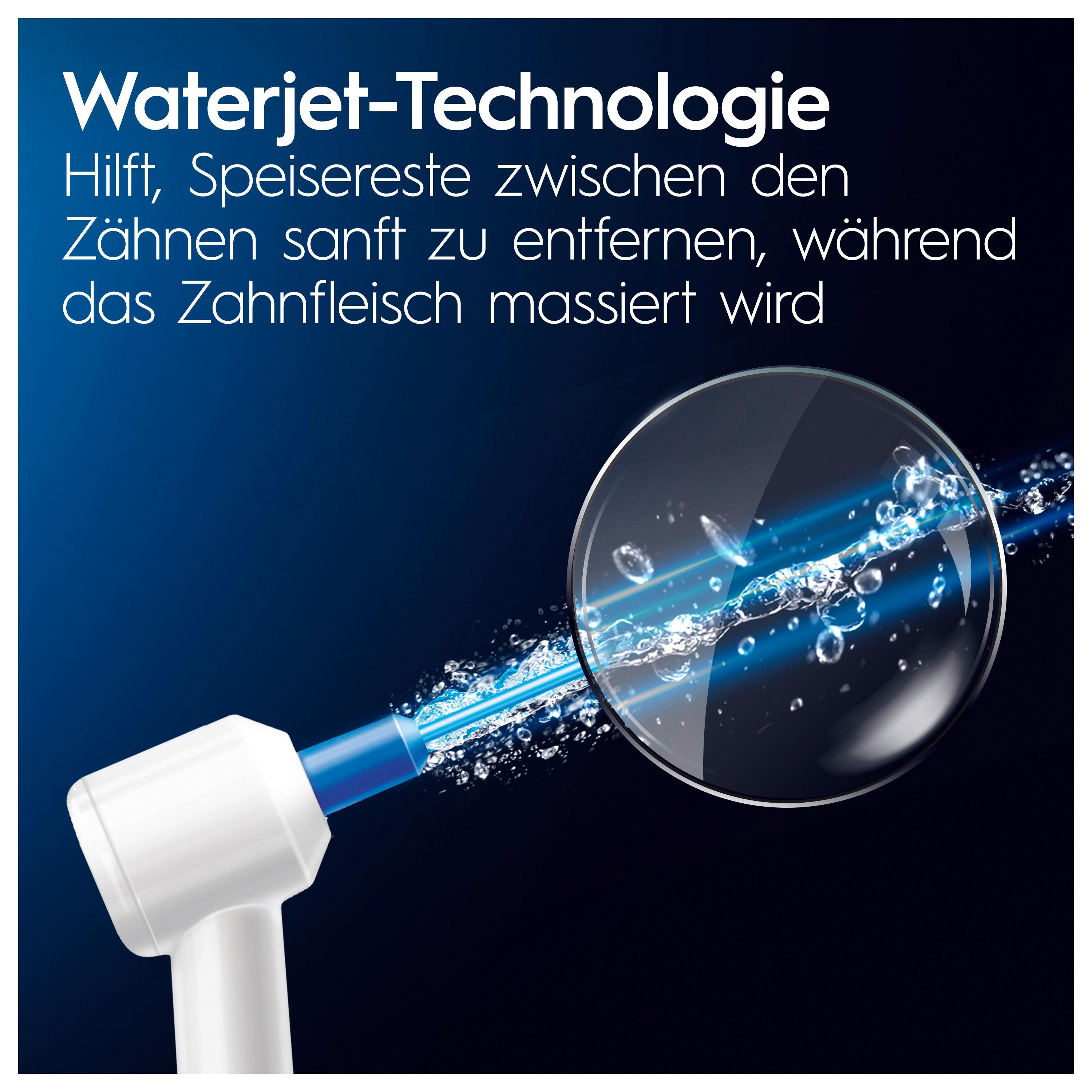 Nahaufnahme eines Zahnbürstenkopfes mit Wasserstrahlen, Text über die Reinigung zwischen den Zähnen.