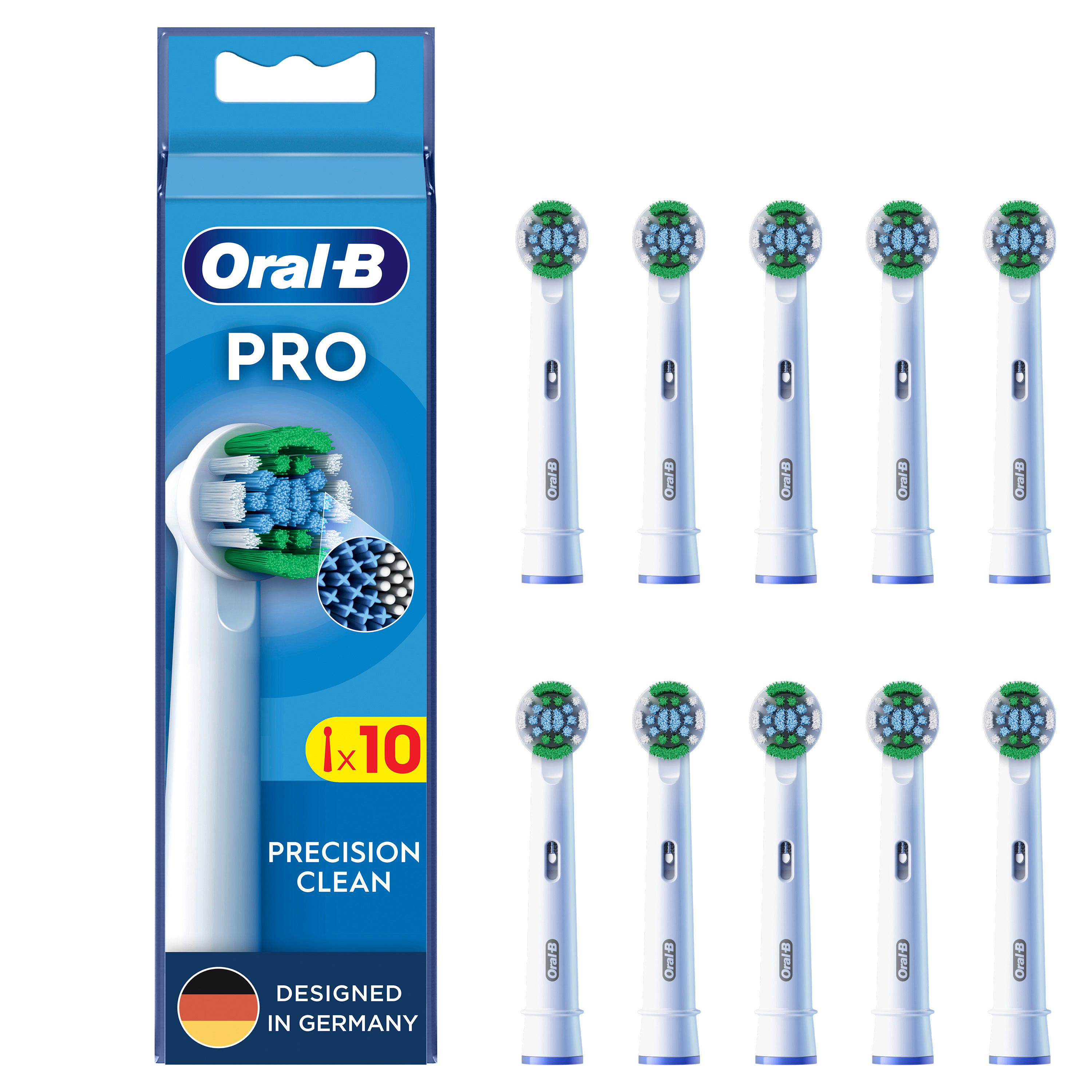 Packung mit Oral-B Pro-Zahnbürstenköpfen und einem Musterkopf, die Bürste und die Verpackung zeigend.
