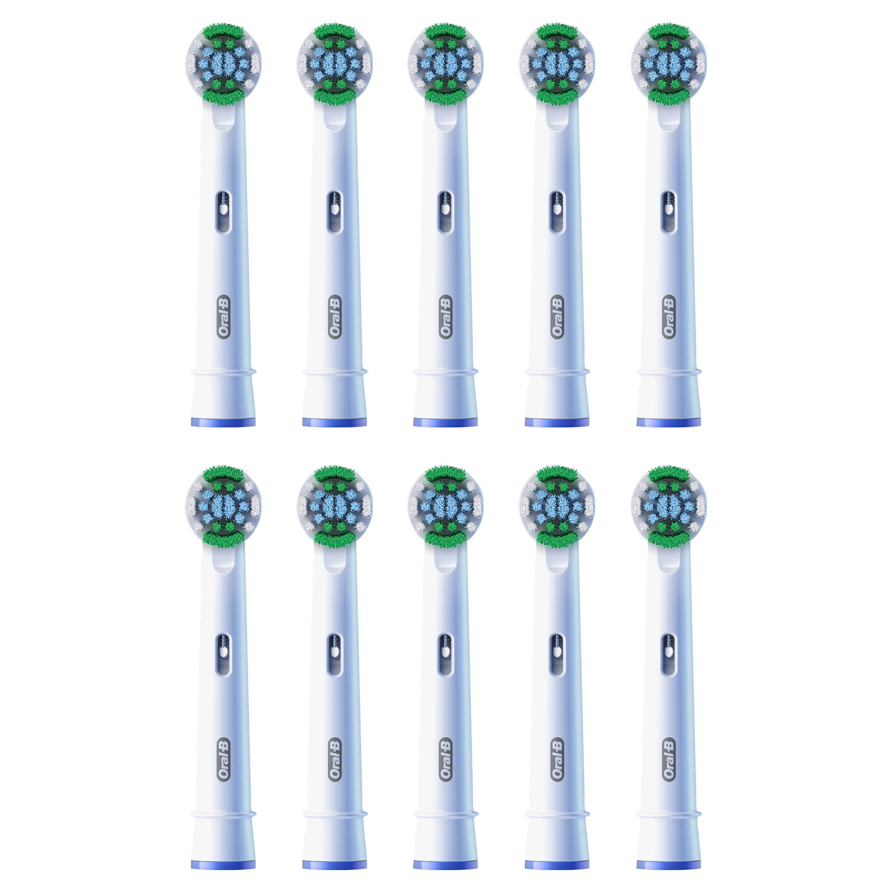 Zehn weiße Oral-B Zahnbürstenköpfe. Sie haben blaue und grüne Borsten.