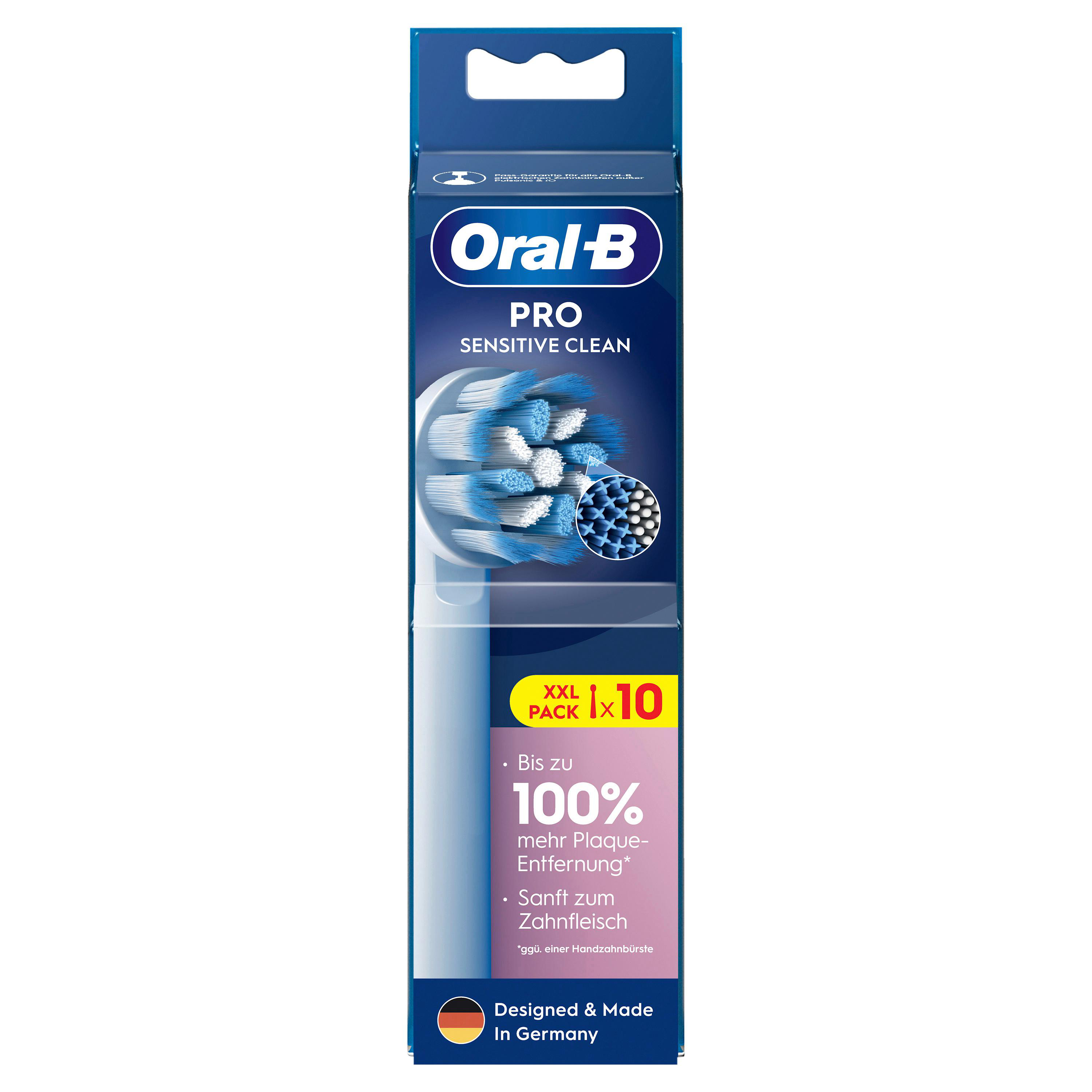 Oral-B Pro Sensitive Clean Zahnbürstenköpfe in einer blau-weißen Verpackung, mit Text zur Plaque-Entfernung.