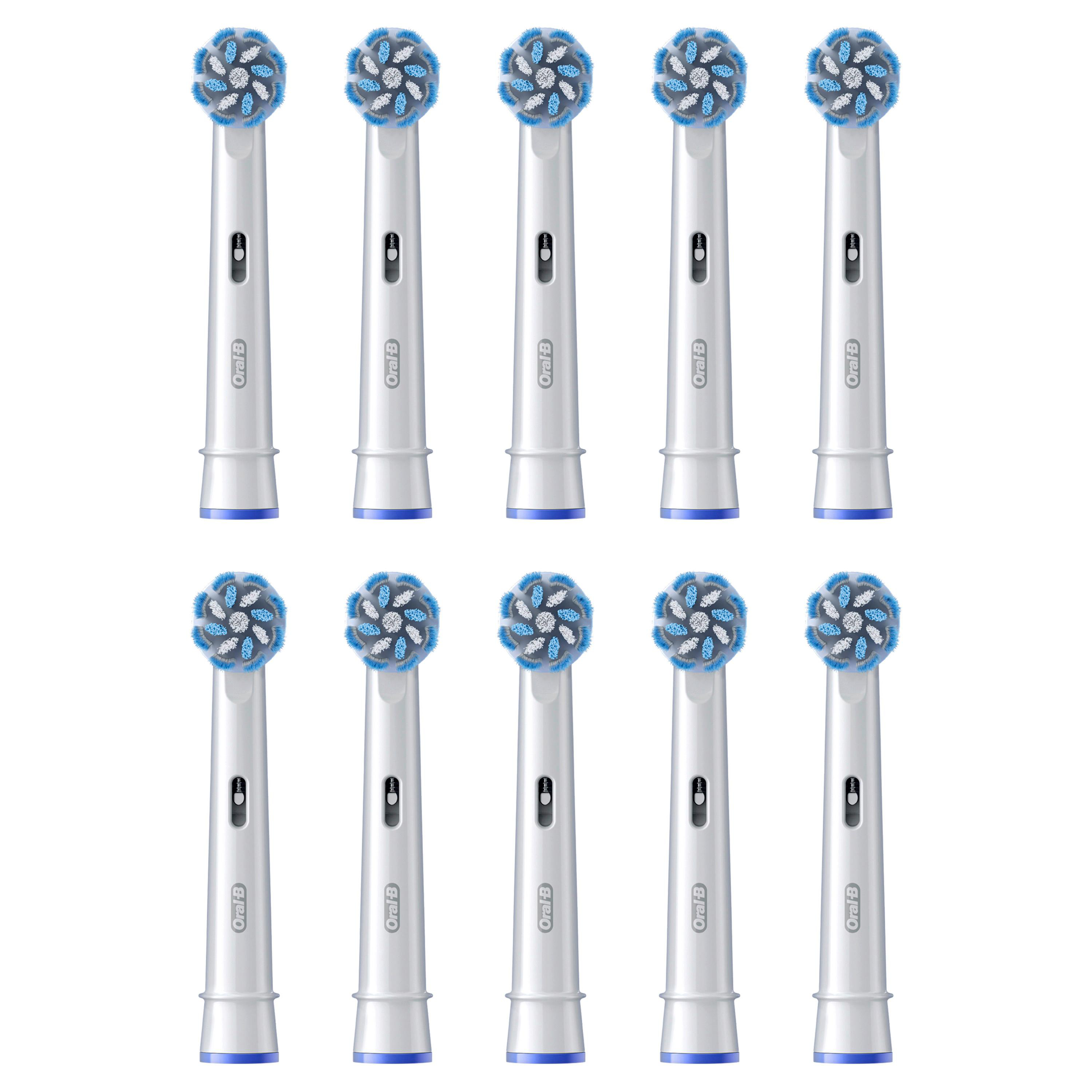 Zehn Oral-B-Zahnbürstenköpfe, weiß mit blauen und hellblauen Borsten.