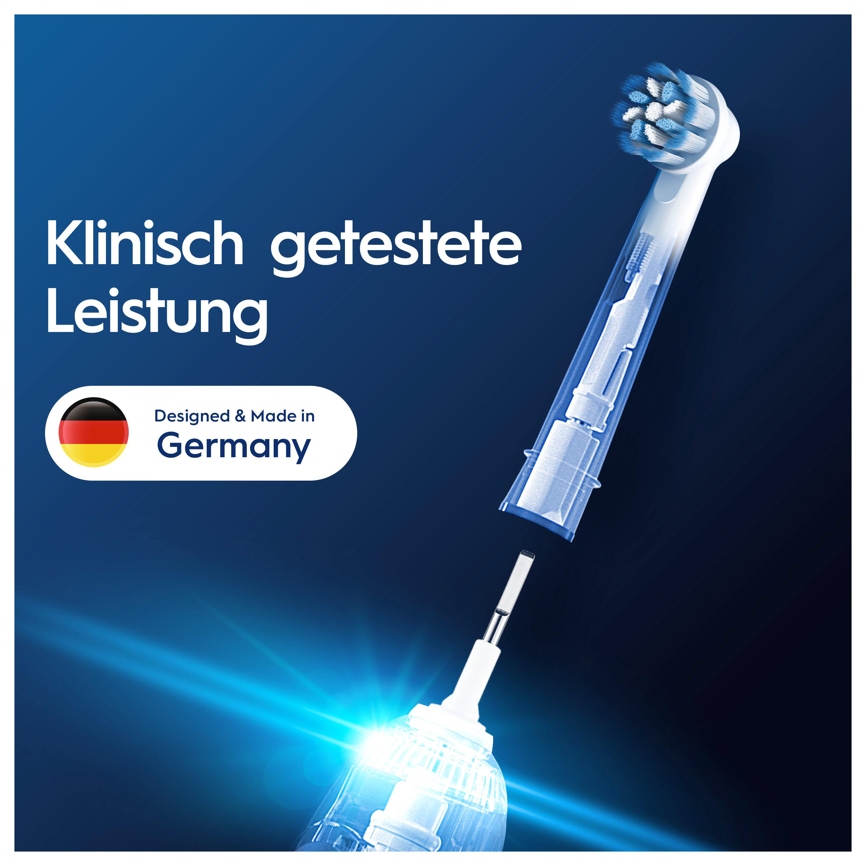 Nahaufnahme eines elektrischen Zahnbürstenkopfes mit einem querschnittartigen Blick. Text auf Deutsch.
