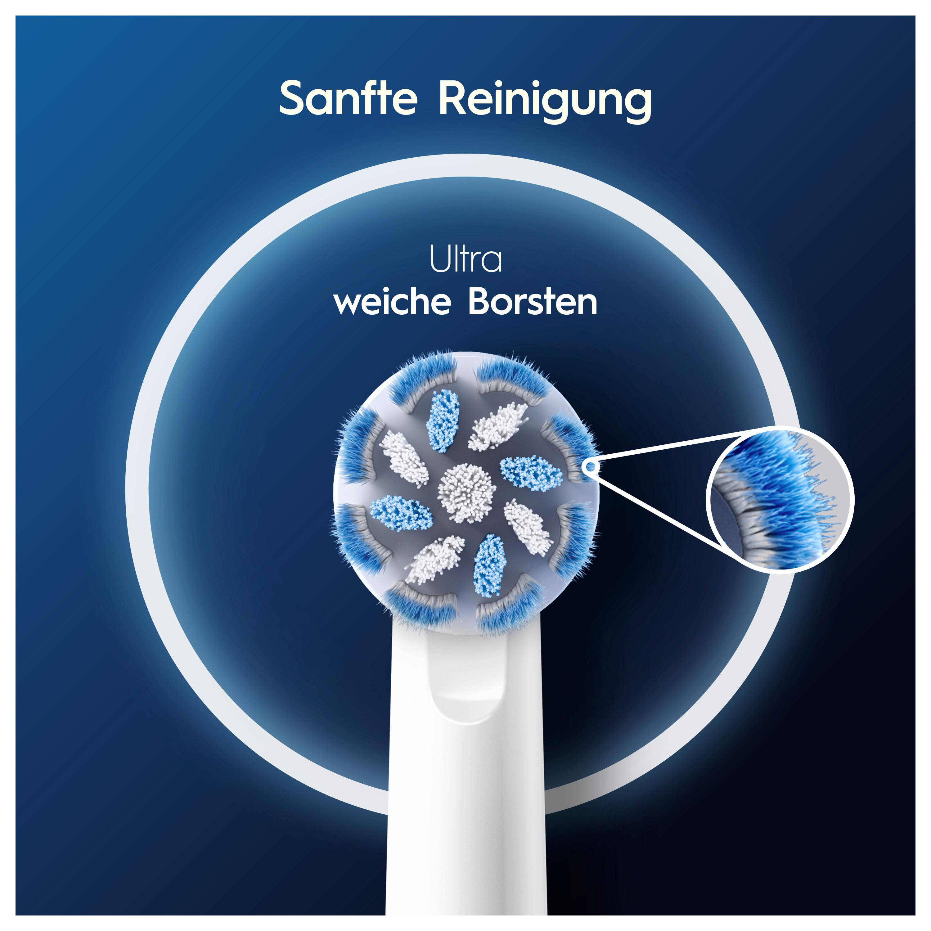 Nahaufnahme eines elektrischen Zahnbürstenkopfes mit blauen und weißen Borsten.