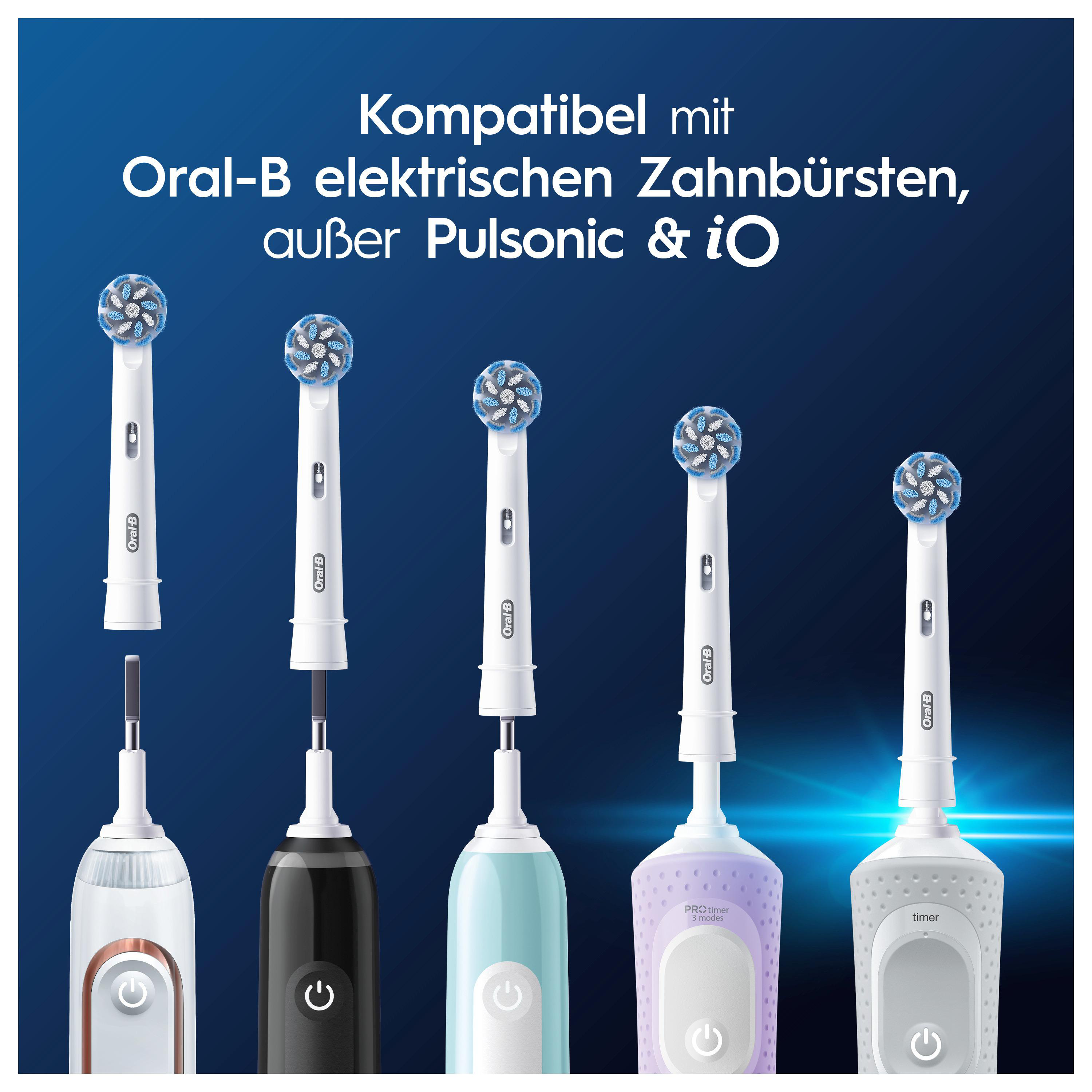 Zahnreinigungsaufsätze und -griffe. Text: Kompatibel mit elektrischen Zahnbürsten von Oral-B, außer Pulsonic & iO.