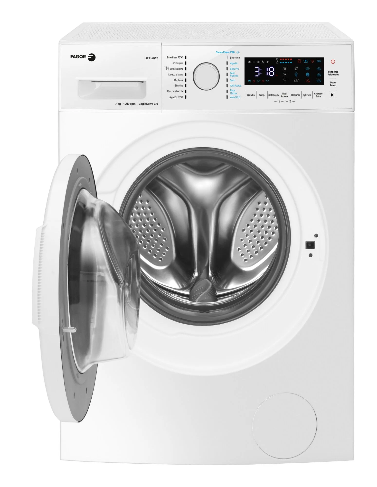 Lavadora blanca con puerta abierta, pantalla digital y panel de control, aislada sobre blanco.