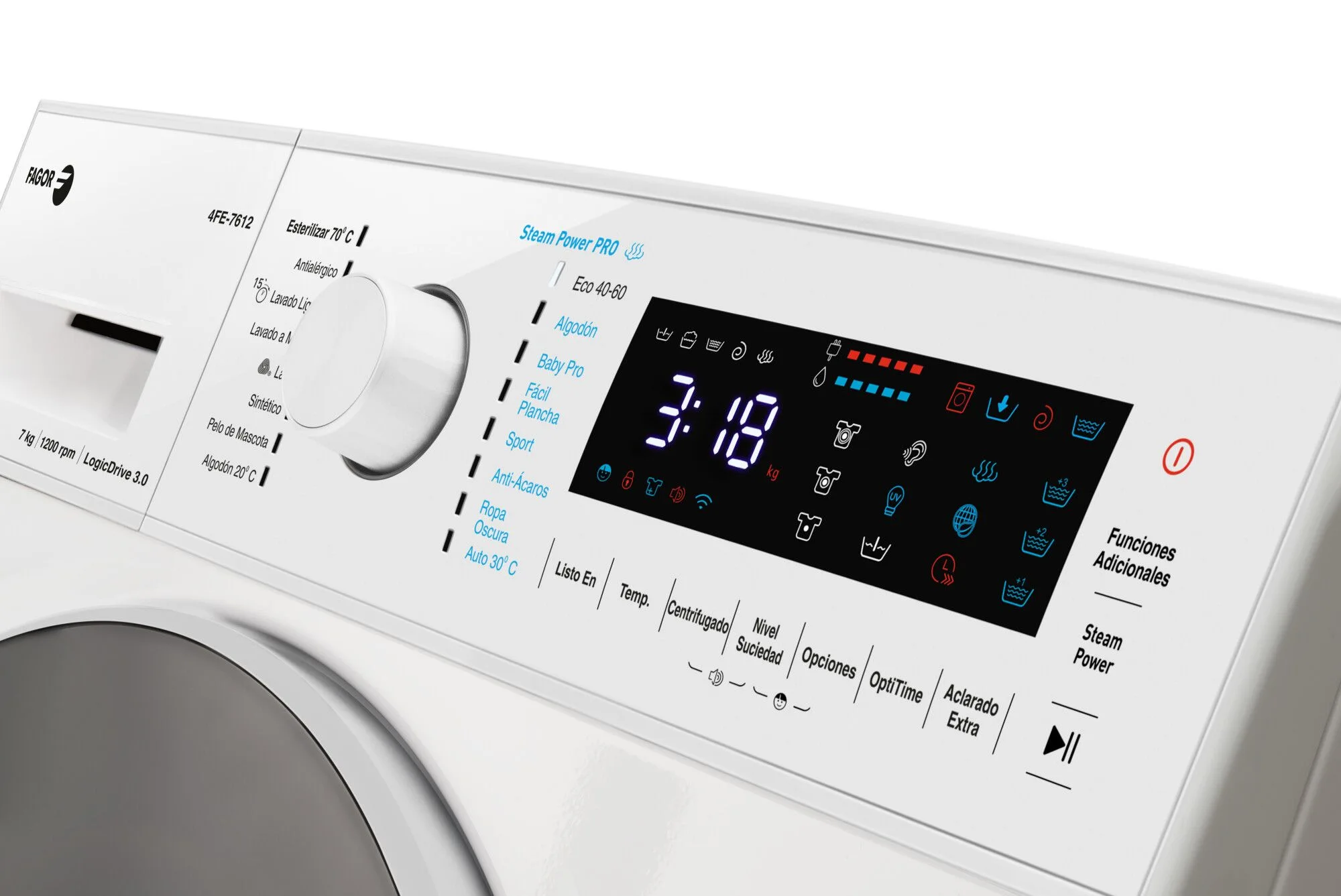 Panel de control de lavadora con pantalla digital, que muestra tiempo y ajustes.