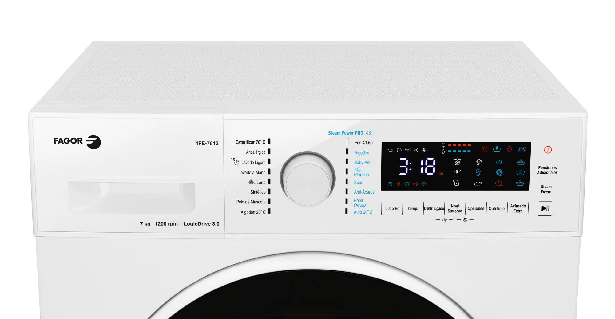 Un panel de control de lavadora blanco con un dial circular y una pantalla digital. Hay botones.