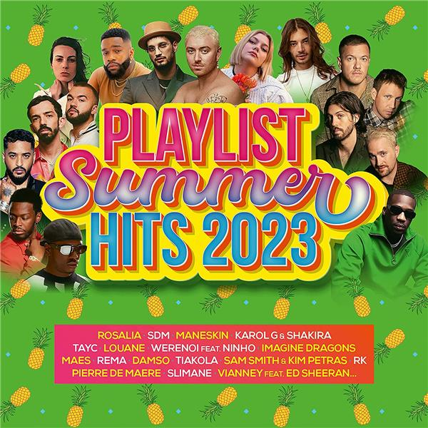 Pochette de l'album Playlist Summer Hits 2023. Groupe de personnes et fond d'ananas colorés.