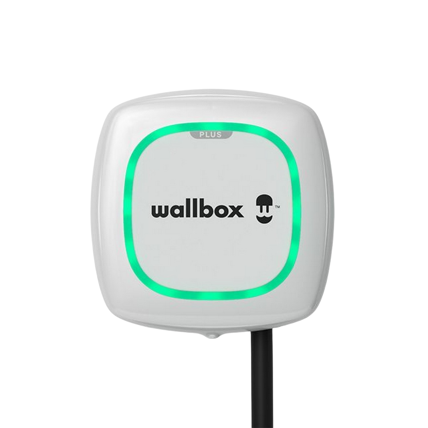 Een witte Wallbox-oplader met een groen licht.
